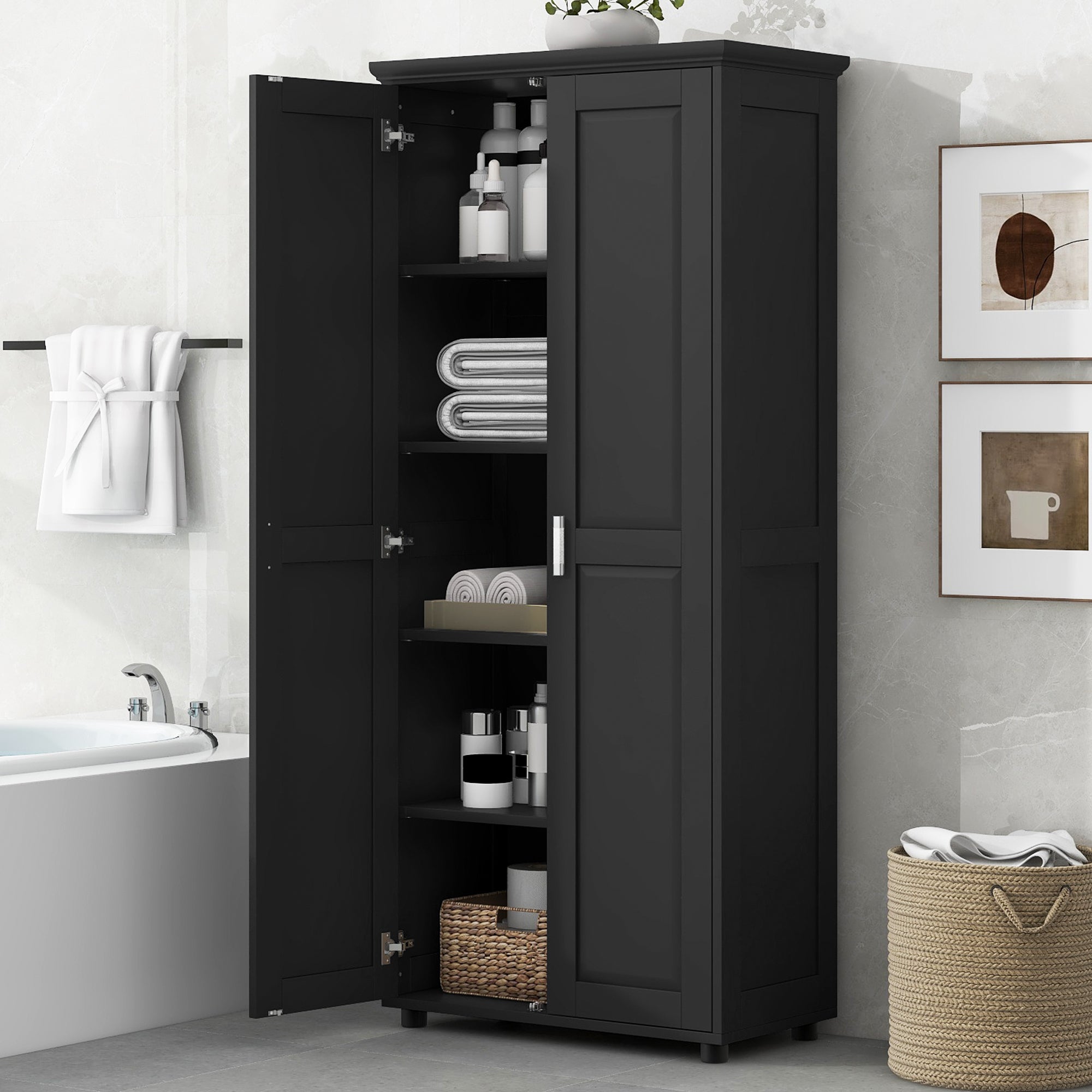 Storage Cabinet with Two Doors for Bathroom, Office, Adjustable Shelf, MDF Board, Black