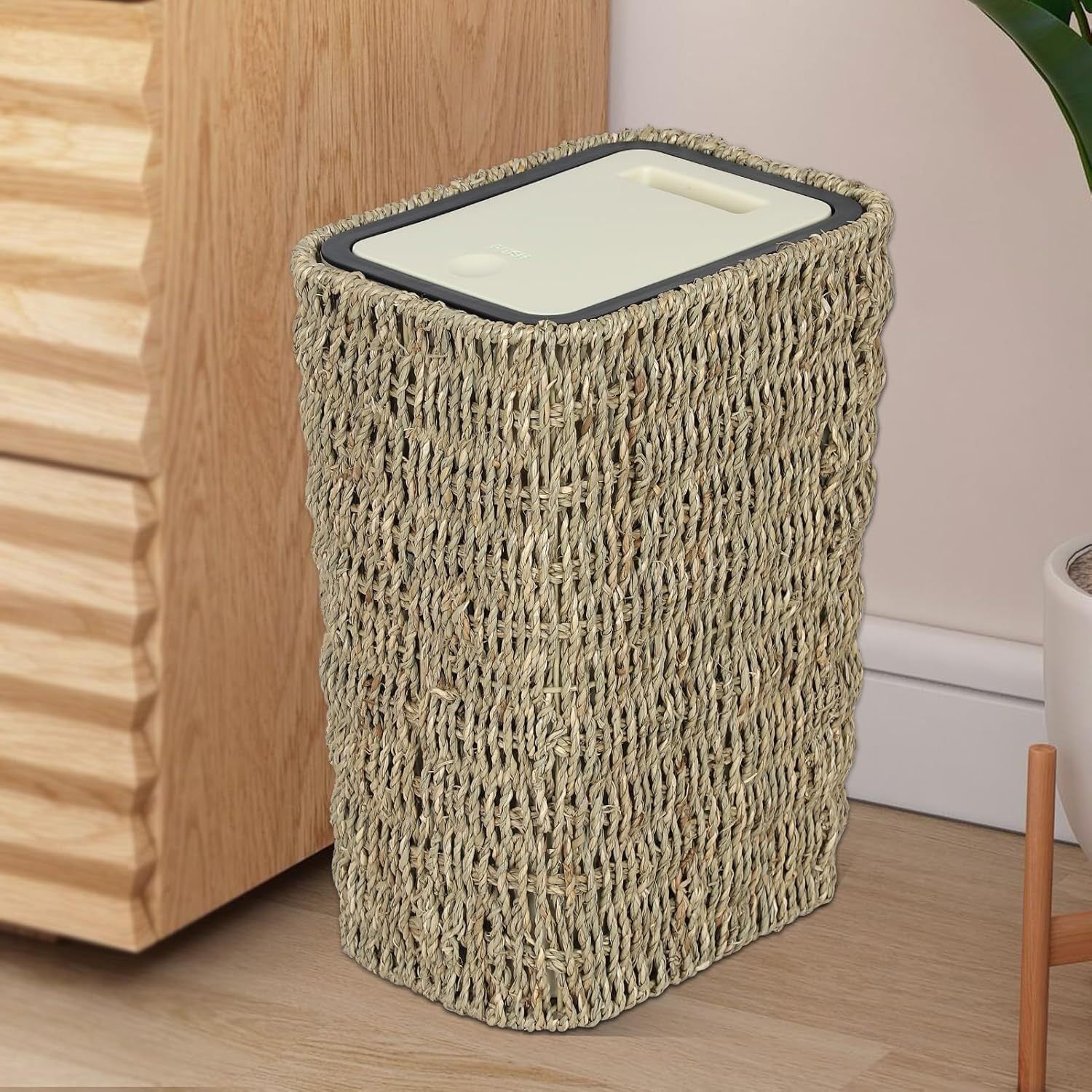 Boho Trash Can with Lid,2.6Gallon Small Rattan Trash Can with Press Top Lid,Slim Wicker Waste Basket and Hamper 2 in 1 for Bathroom,Seagrass Woven Garbage Can Trash Basket for Bathroom,Kitchen