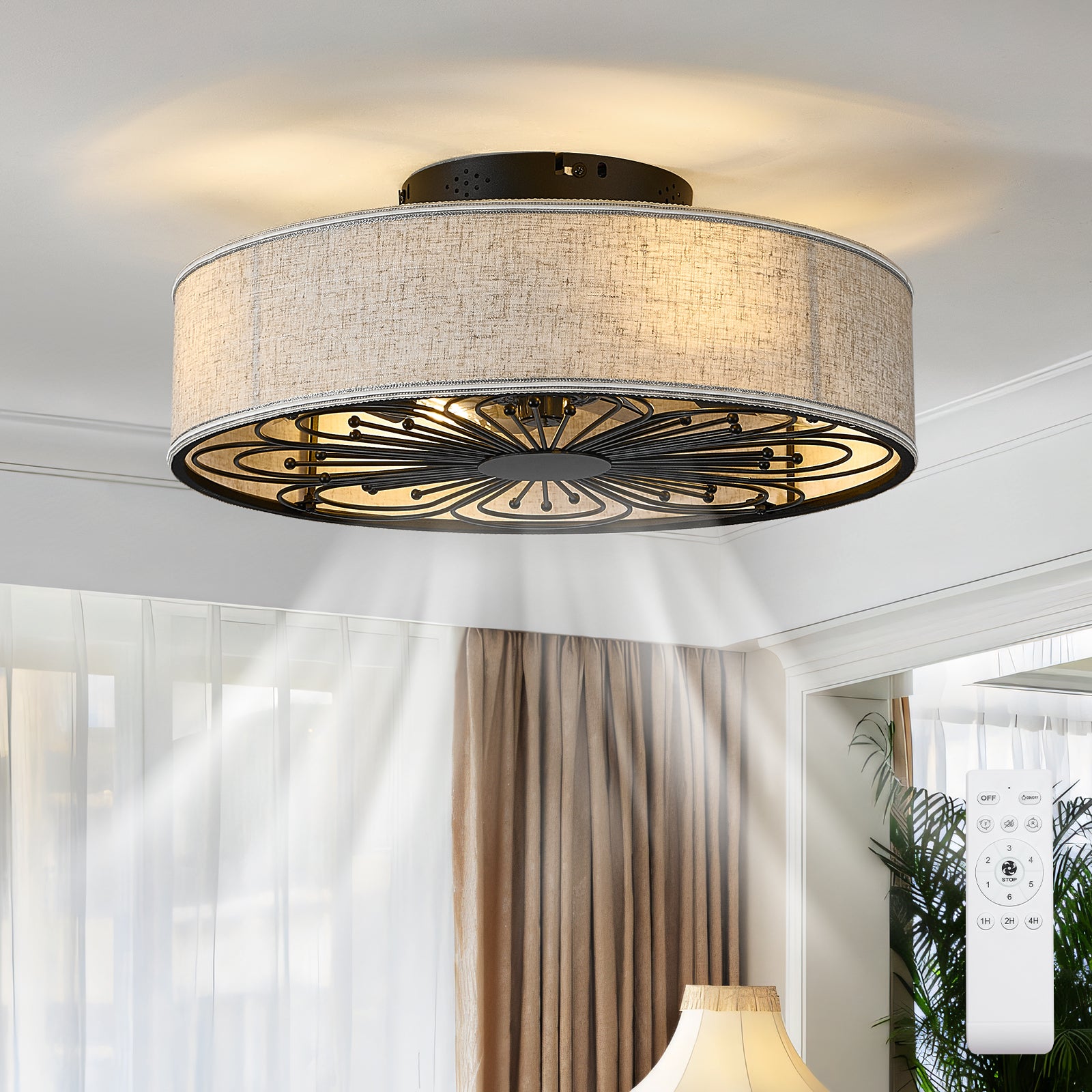 Caged Ceiling Fans with Lights Flush Mount,Low Profile Ceiling Fan with Remote,20 Inch Farmhouse White Ceiling Fan for Bedroom,6 Speeds Reversible Silent Fandalier (Bulb Not Included)
