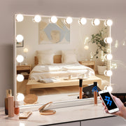 Vanity Mirror with Lights and Bluetooth Speaker 22.8'x 18.1' Makeup Mirror Lighted Hollywood Mirror with 15 Dimmable LED Bulbs USB Charge Port, 3 Color Lighting Modes