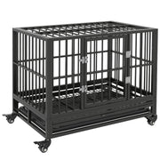 PawHut Heavy Duty Dog Crate Metal Cage Kennel with Wheels, Double Door, Removable Tray, Gray 36'