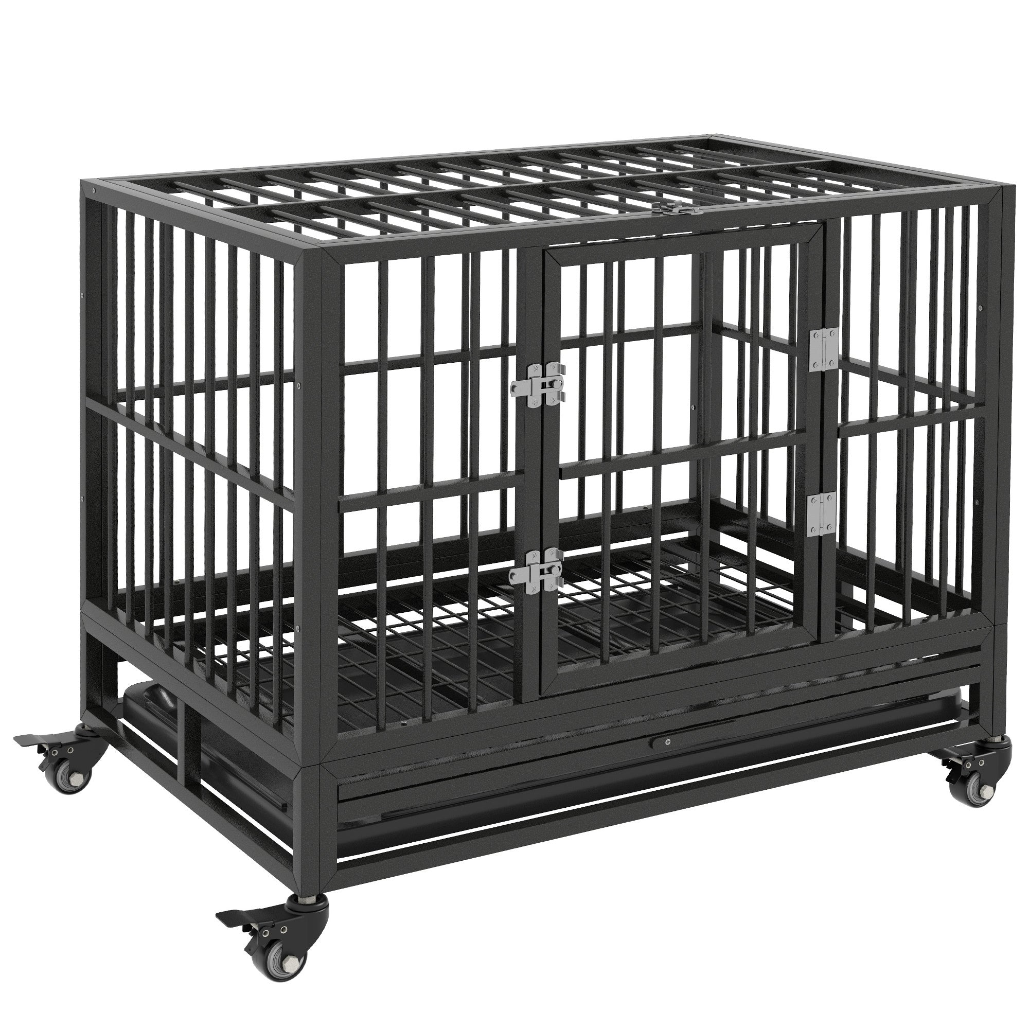 PawHut Heavy Duty Dog Crate Metal Cage Kennel with Wheels, Double Door, Removable Tray, Gray 36'