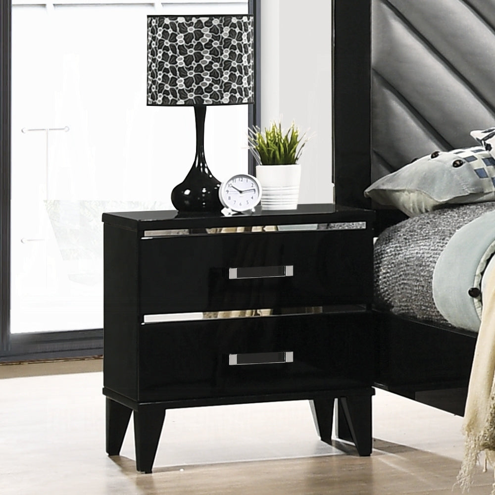 Contemporary Shiny Black Finish 2 Storage Drawer Nightstand Wooden Bedroom Furniture 1pc