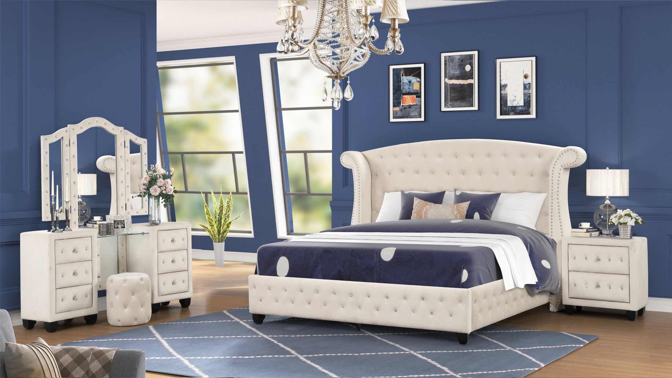 SOPHIA Crystal Tufted Queen 4 Pc Vanity Bedroom Set Made with Wood in Cream N(CA INVENTORY)