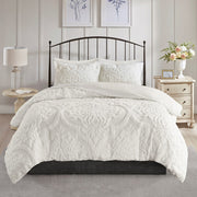 Full/Queen 3 Piece Tufted Cotton Chenille Damask Duvet Cover Set