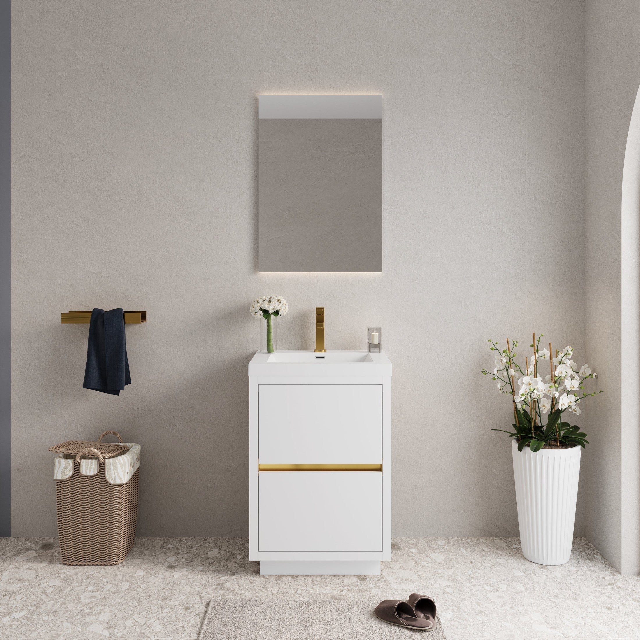 24' Freestanding Bathroom Vanity with Sink, Bathroom Storage Vanity Cabinet with Stone Resin Countertop and Soft Close Drawers, Glossy White 24V14-24GW