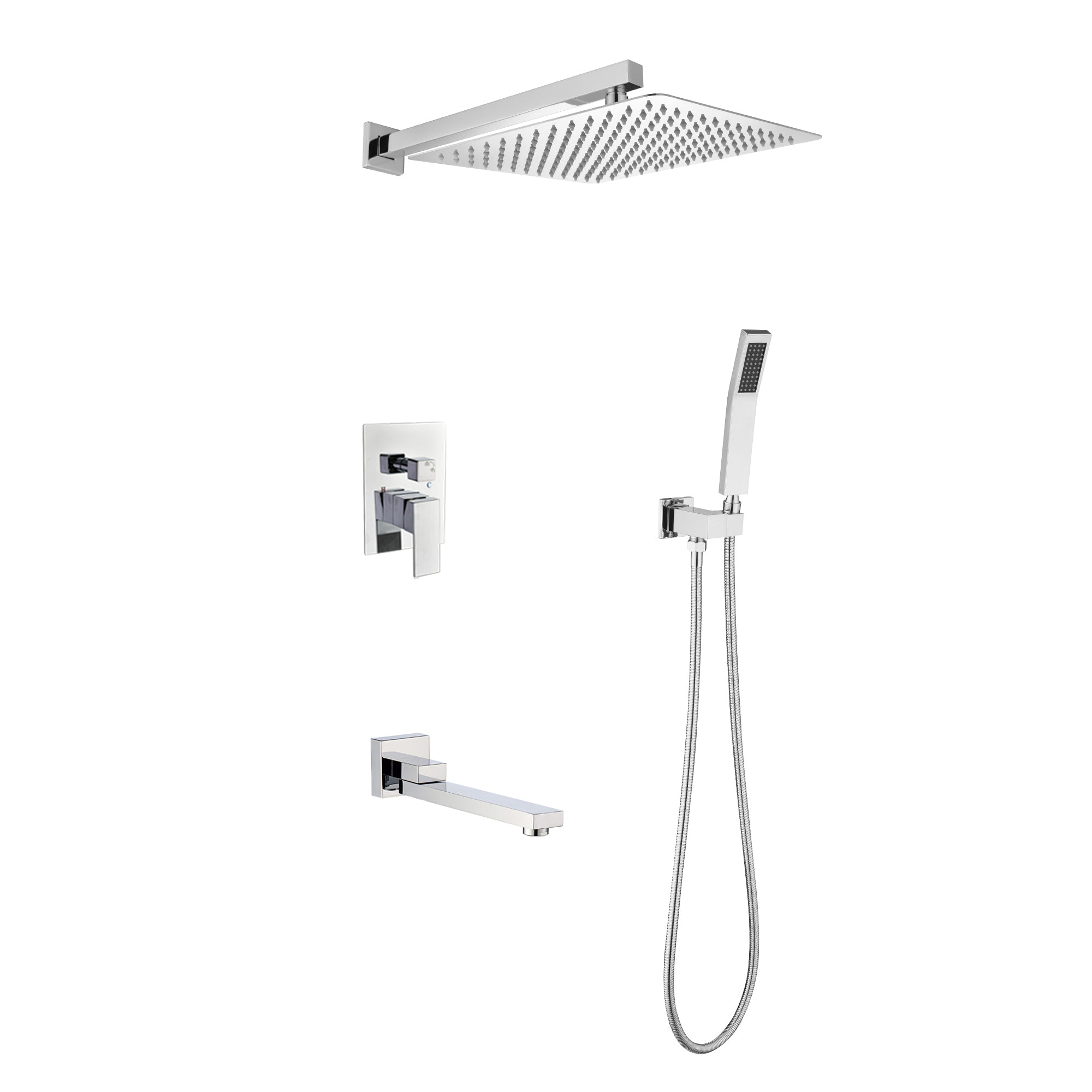 Wall mounted shower system combo with hand shower, 12 inch shower head and tub spout