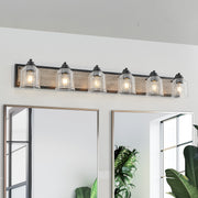 49' Farmhouse Vanity Light Fixture, 6-Light Bathroom Wall Sconce with Clear Seeded Glass Shades, Black and Wood Grain Finish, Modern Industrial Design for Bathroom or Powder Room (No Bulbs)