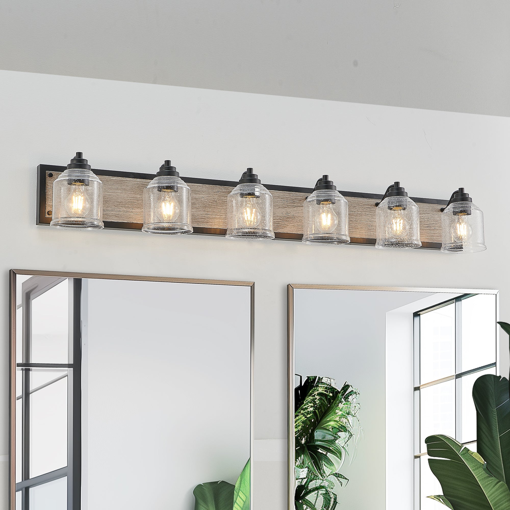 49' Farmhouse Vanity Light Fixture, 6-Light Bathroom Wall Sconce with Clear Seeded Glass Shades, Black and Wood Grain Finish, Modern Industrial Design for Bathroom or Powder Room (No Bulbs)