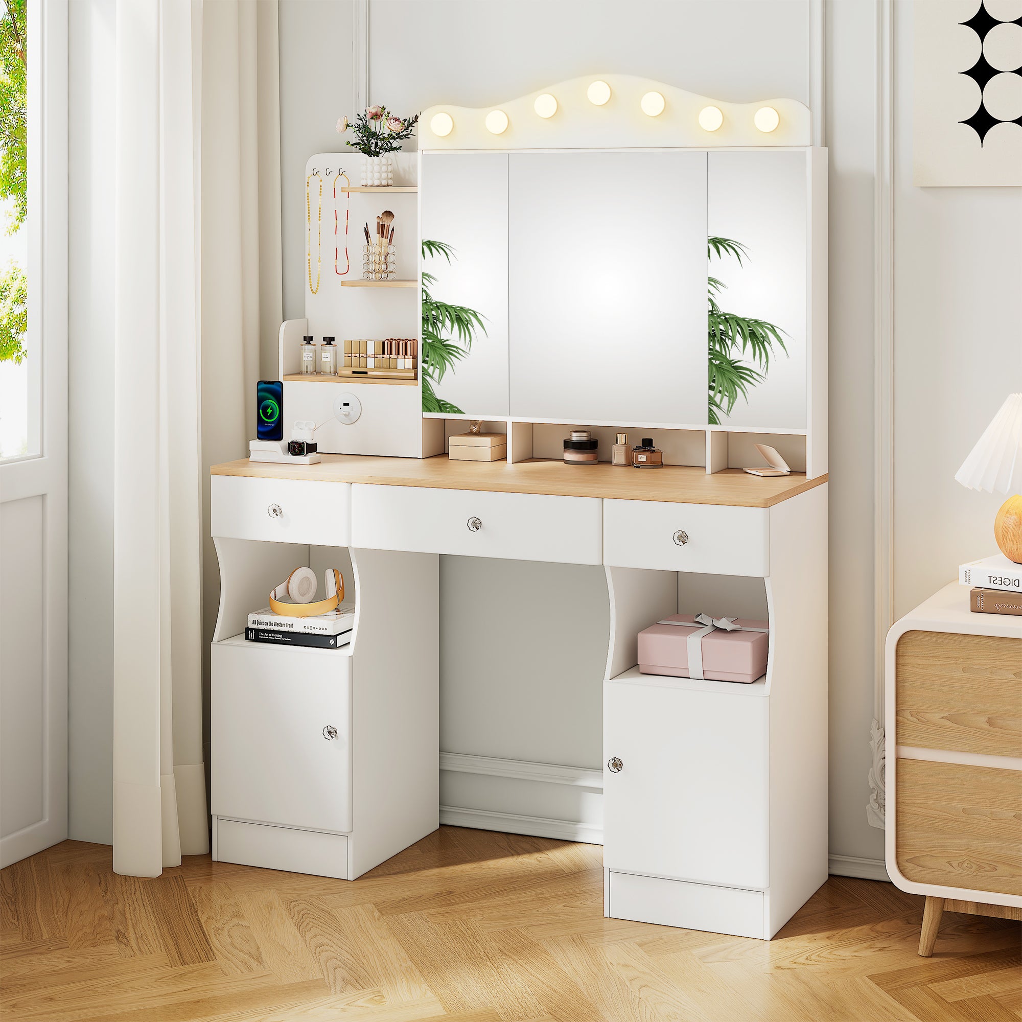 Vanity Desk with Mirror and Lights,Makeup Vanity with  2 USB Power Strip, Vanity Set with Three Drawers and Two Cabinet, 7 Lights with 3 Lights Colors, Foldable Three-sided Mirror(White)