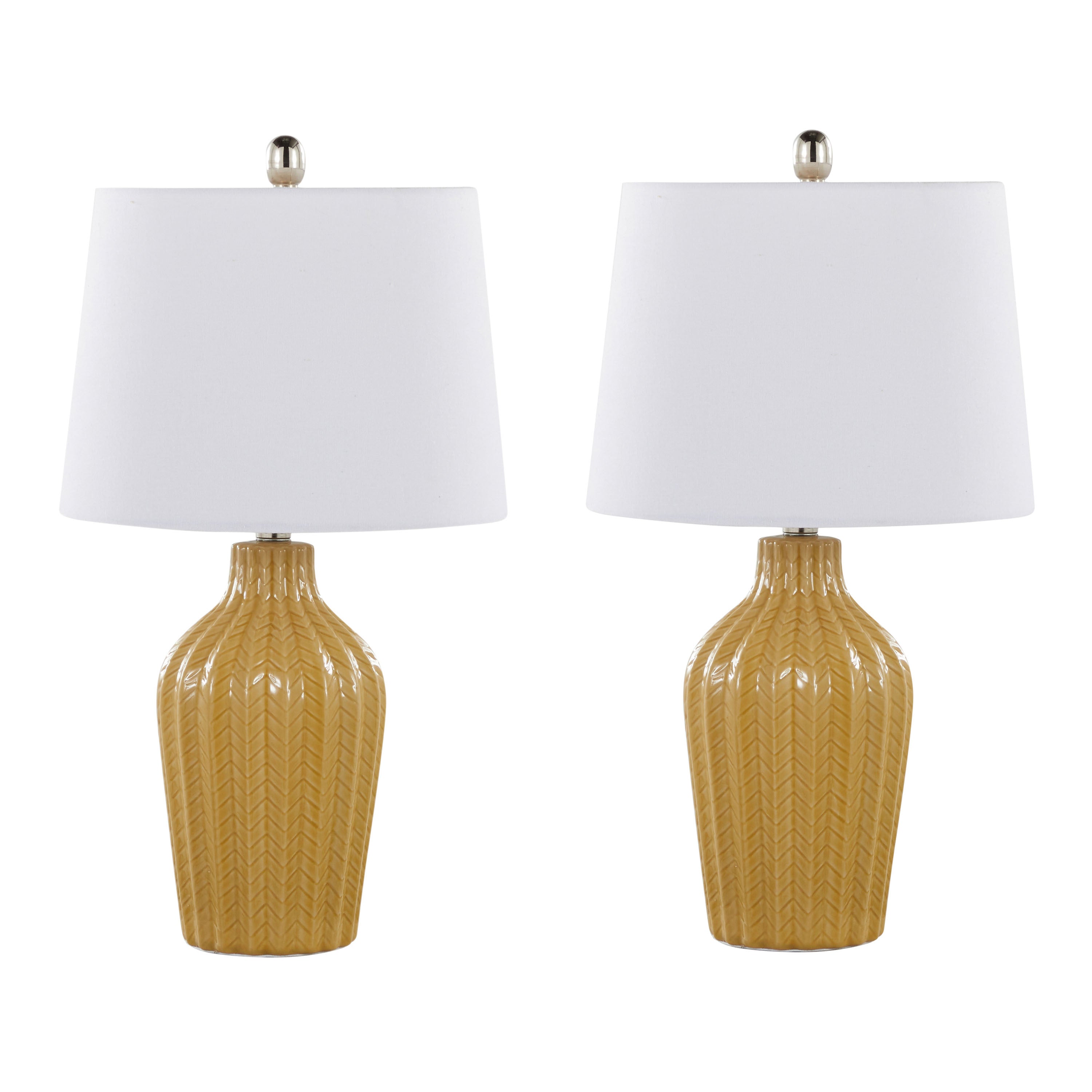 Rockwell 23' Contemporary Ceramic Table Lamp in Glossy Misted Yellow Ceramic, Polished Nickel and White Linen Shade from Grandview Gallery by LumiSource - Set of 2