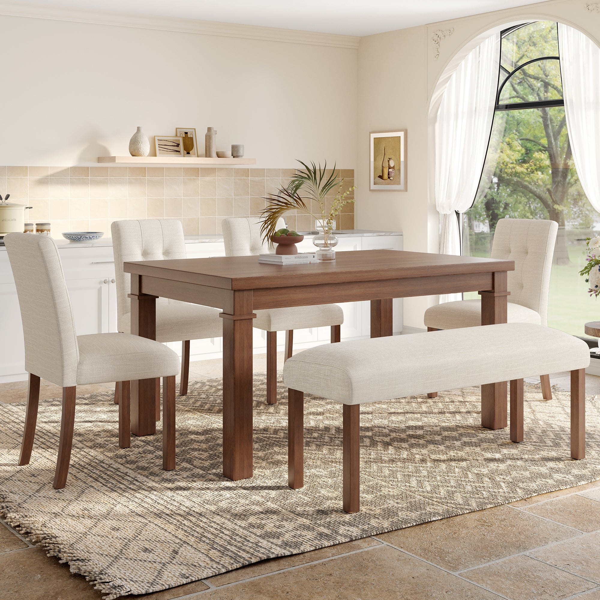 6-Piece Modern Dining Set, Rectangle Kitchen Table with 4 Upholstered Chairs & Bench, Ideal for Dining Room and Living Room, (Easy Assembly, Space Saving)