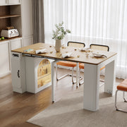 TREXM Extendable Dining Table with 3 Removable Middle Leaves, Mobile Rolling Island Table with Power Outlet, Saving-space Cabinet with Storage for Dining Room and Living Room (CREAM WHITE AND NATURAL)