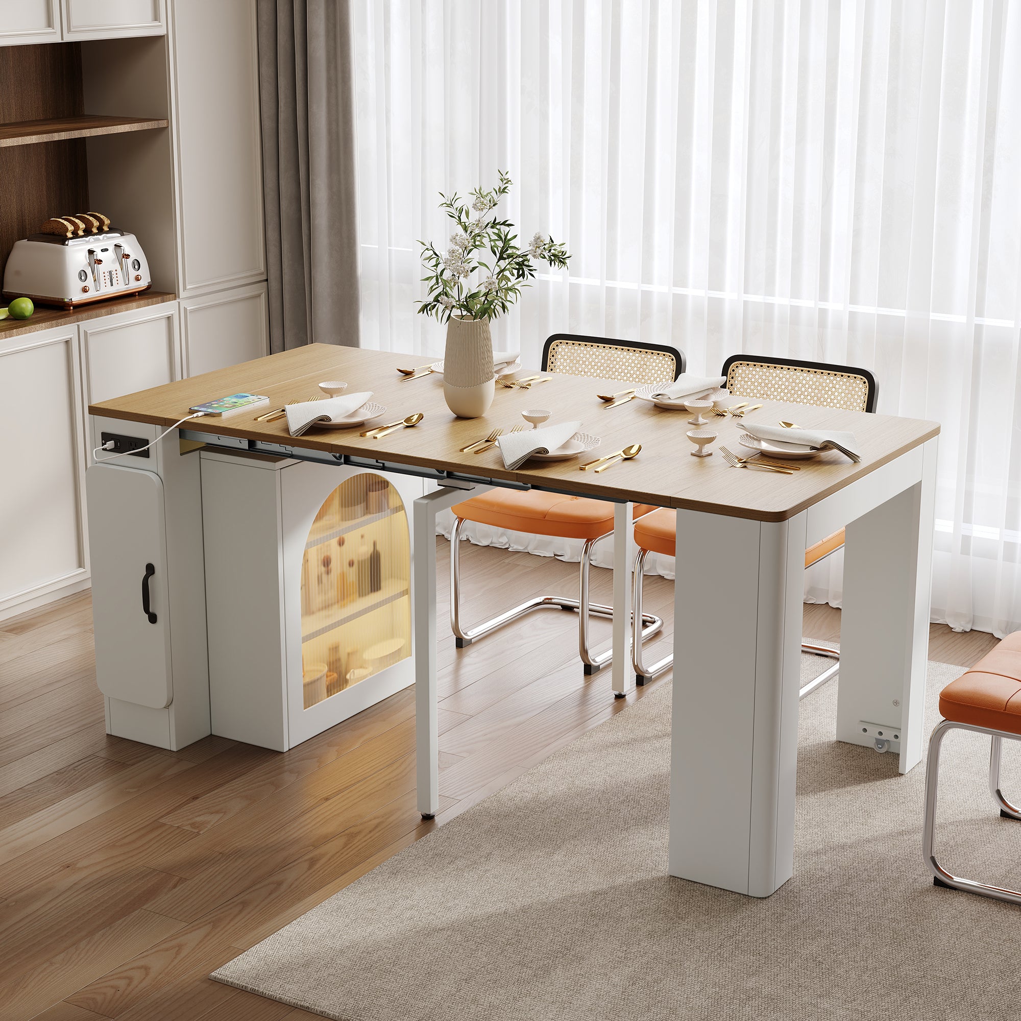 TREXM Extendable Dining Table with 3 Removable Middle Leaves, Mobile Rolling Island Table with Power Outlet, Saving-space Cabinet with Storage for Dining Room and Living Room (CREAM WHITE AND NATURAL)