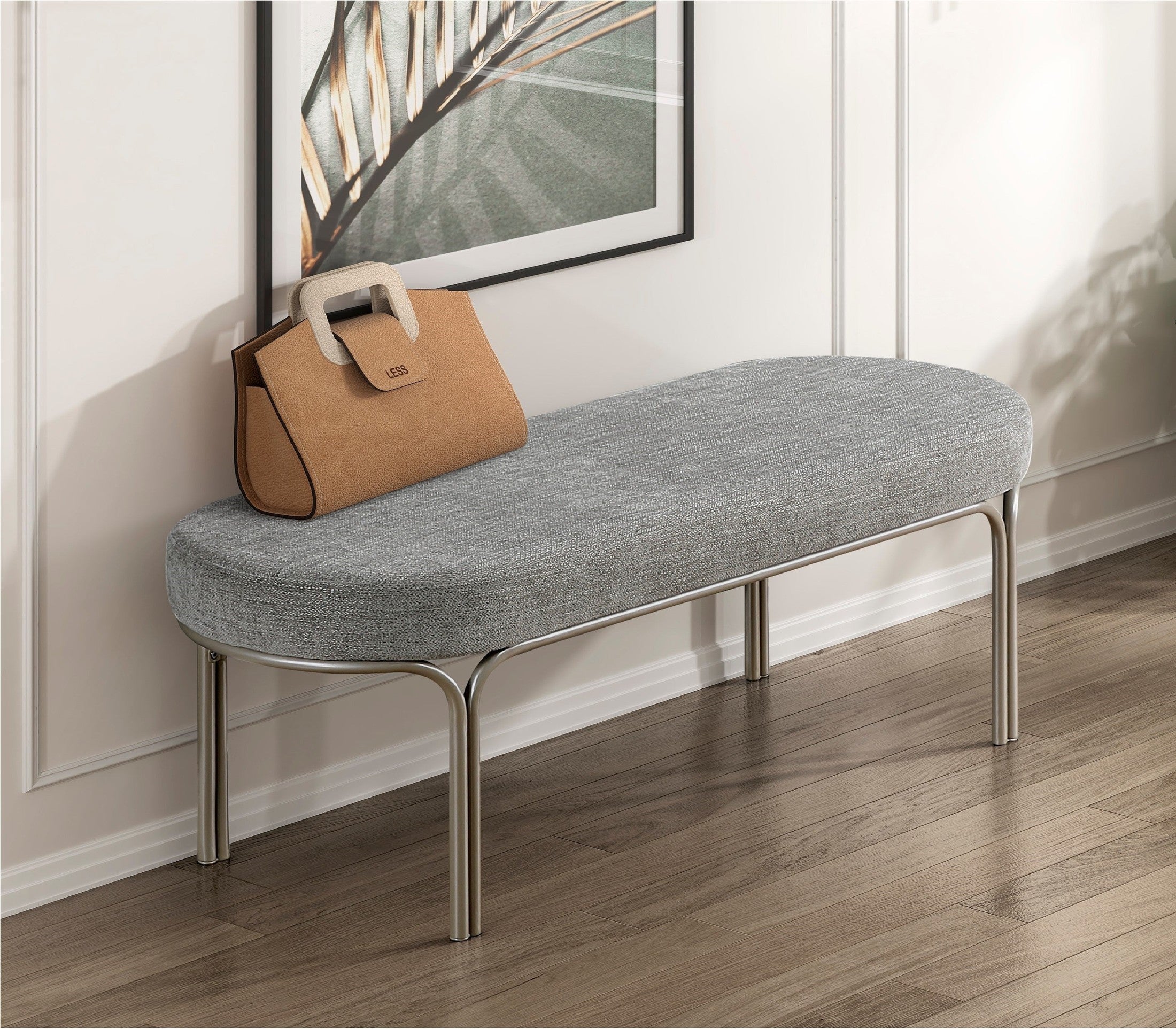 Modern Home Furniture 1pc Stylish Bench Gray Chenille Upholstery Sleek Design Champagne Finish Metal Legs Entryway Bench