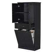 Stylish Bathroom Storage Cabinet with Two Laundry Baskets and Drawer, Black MDF, 29.90 x 15.70 x 65.80 inches