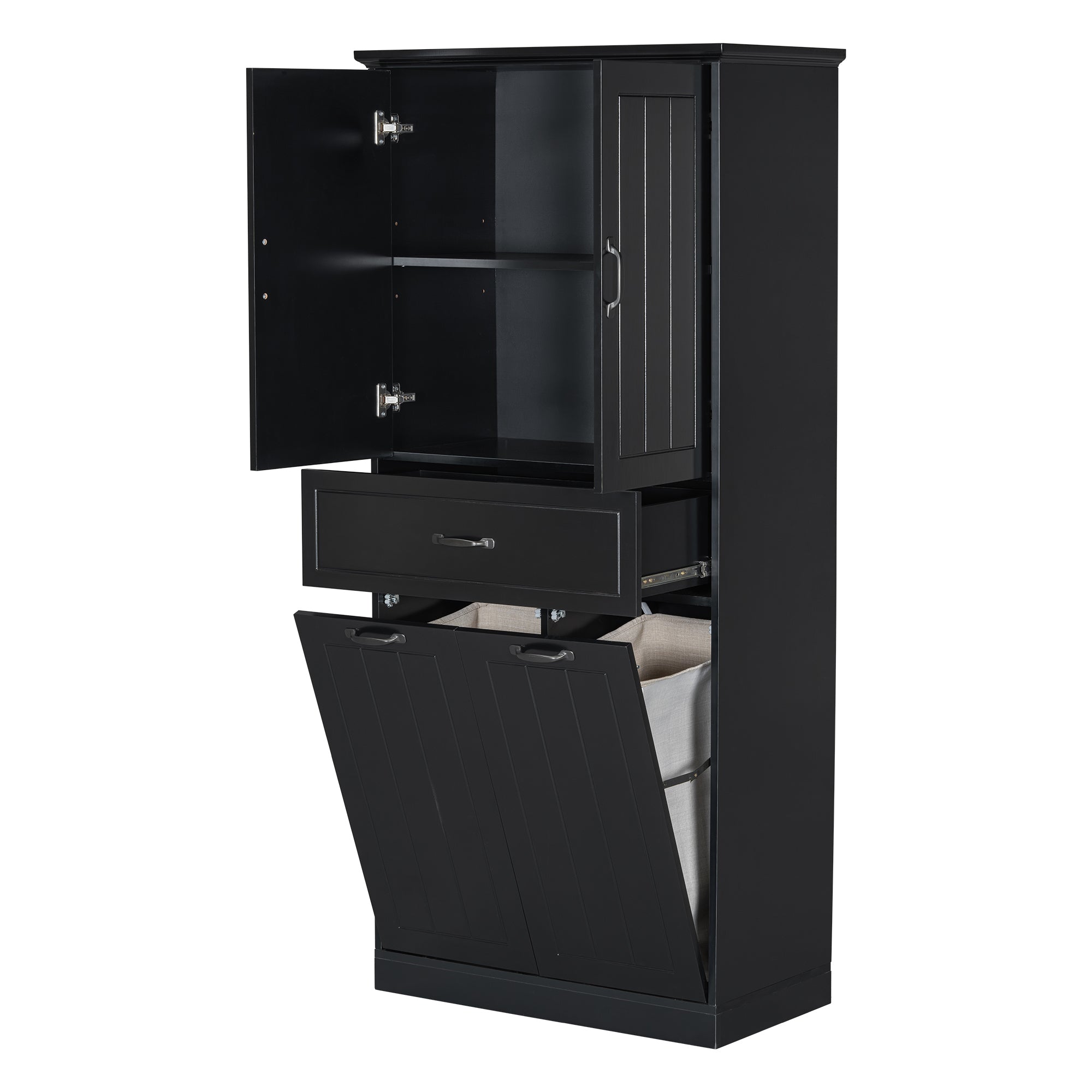 Stylish Bathroom Storage Cabinet with Two Laundry Baskets and Drawer, Black MDF, 29.90 x 15.70 x 65.80 inches