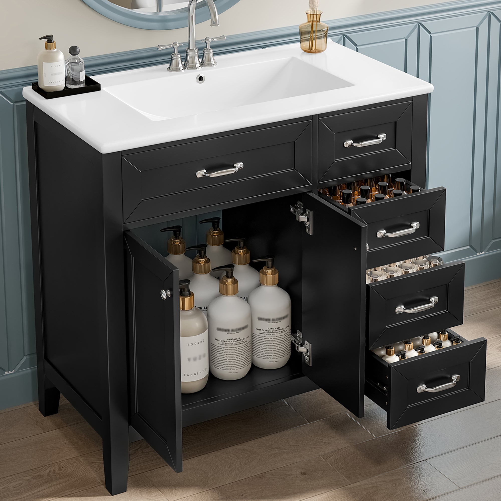 36' Bathroom Vanity with Sink Combo, Black Bathroom Cabinet with Drawers, Solid Frame and MDF Board (Old Sku:JL000007AAB)