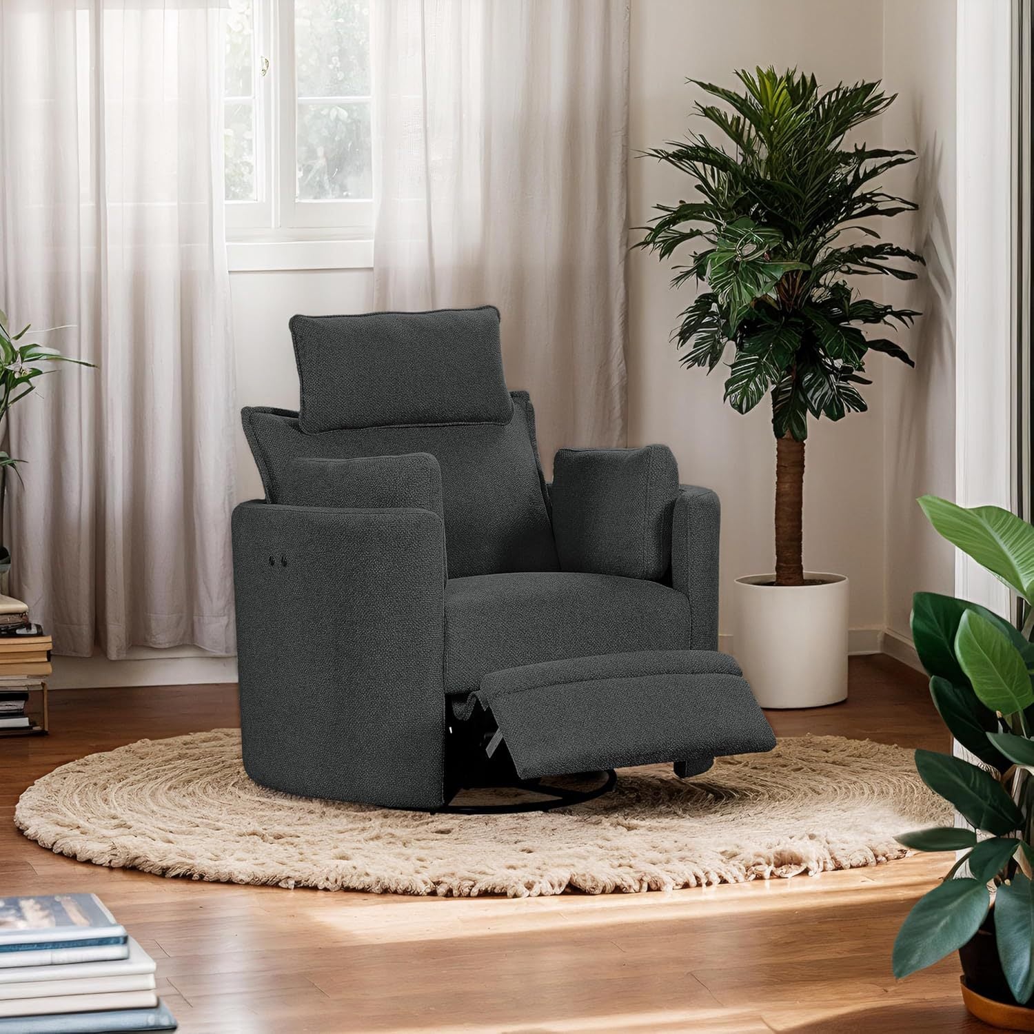 Cozy Soft Grey Swivel Power Recliner with Adjustable Headrest and Footrest, Grey