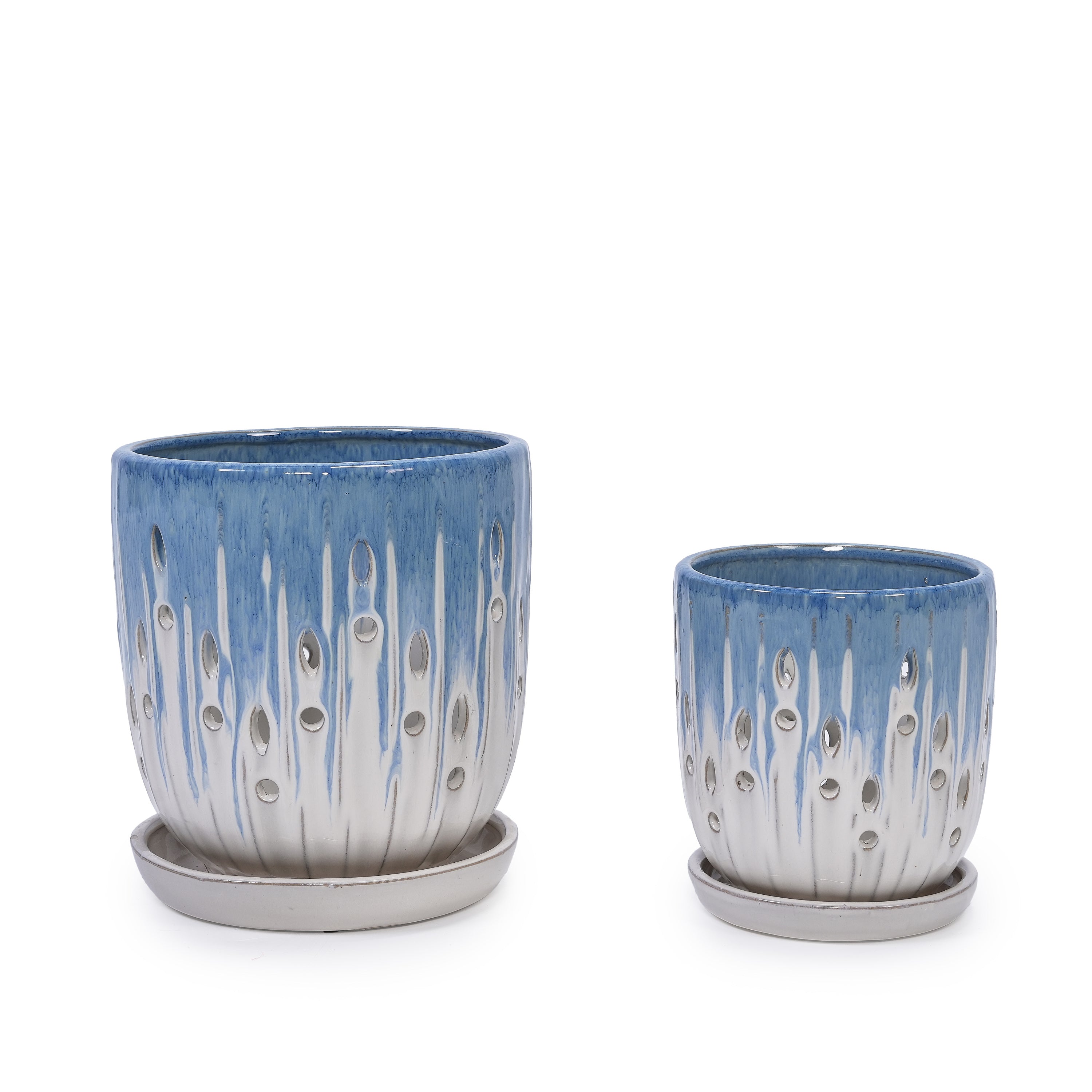 Set of 2 Ceramic Flowerpot with Drainage Hole, 8' Modern Planter for Patio, Garden, Windowsill - White Blue