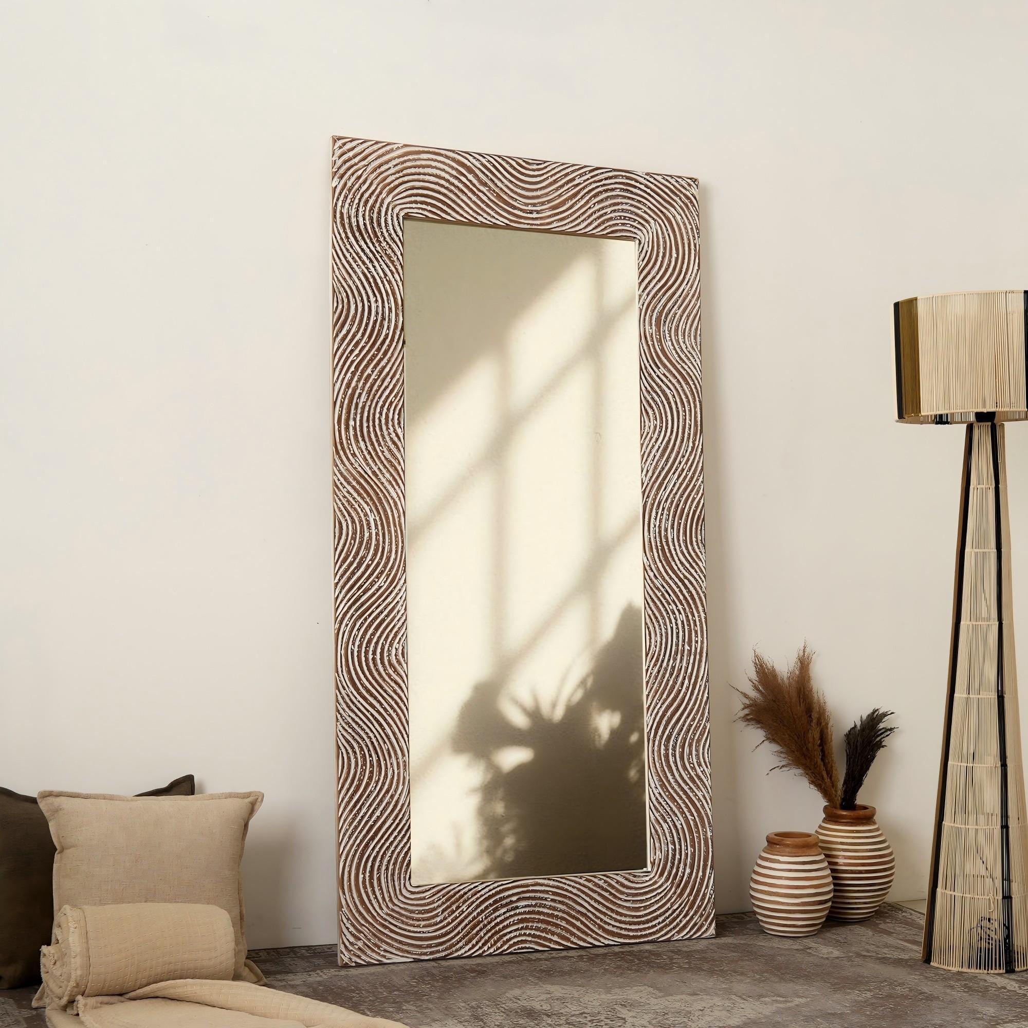 Rustic White Solid Wood Handcarved Rectangle Mirror Accent with 3MM Glass, 36 x 72 Inches