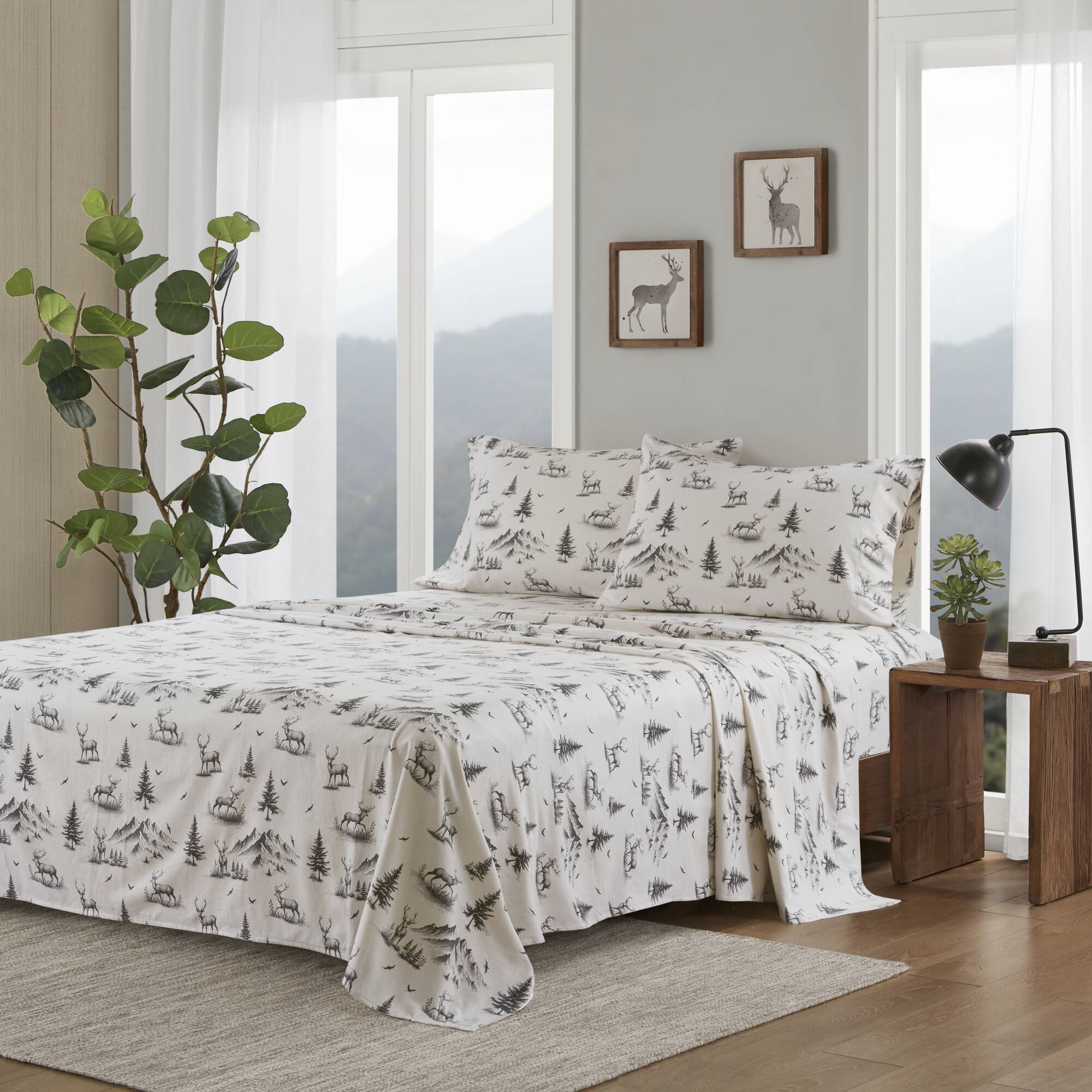 4 PCS Cal King Sheet Set Gray Deer Toile