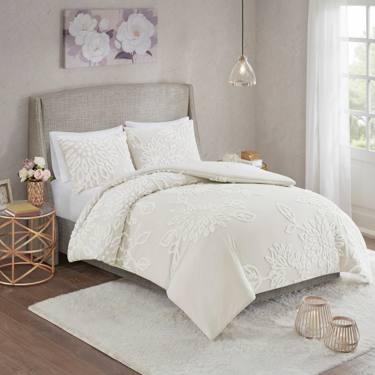 3 Piece Tufted Cotton Chenille Floral Comforter Set Off-White Full/Queen