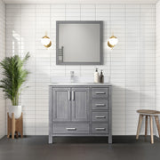 Distressed Grey Bath Vanity 36 in. W x 22 in. D, Left Offset and White Quartz Top