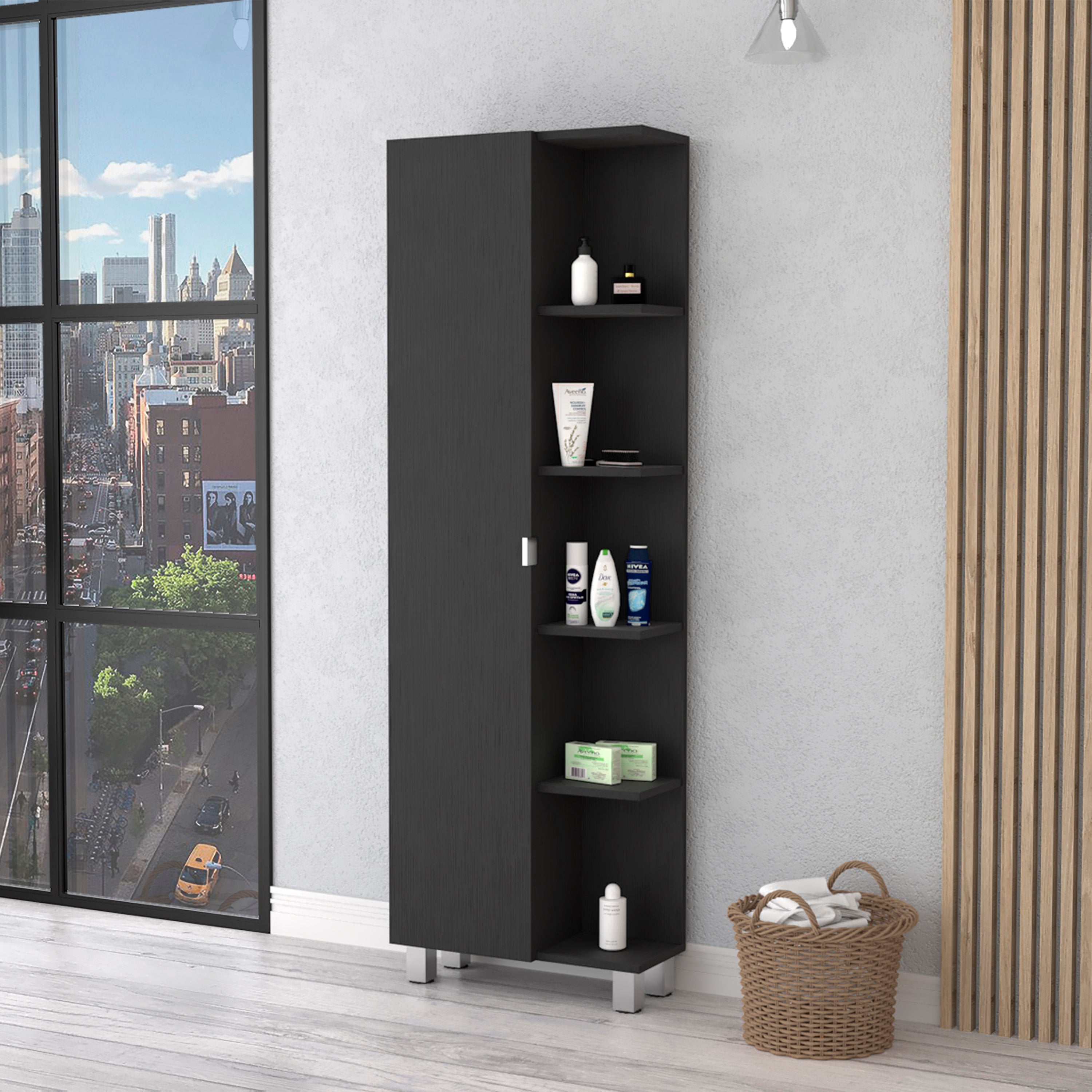 Urano Mirror Linen Cabinet, Four Interior  Shelves, Five External Shelves -Black