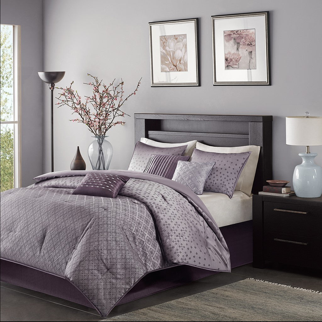 7 Piece Jaquard Comforter Set Purple Cal King
