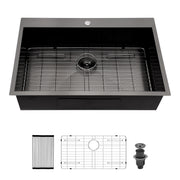 30 Inch Modern Topmount Kitchen Sink - Gunmetal Black Stainless Steel 16 Gauge Single Bowl