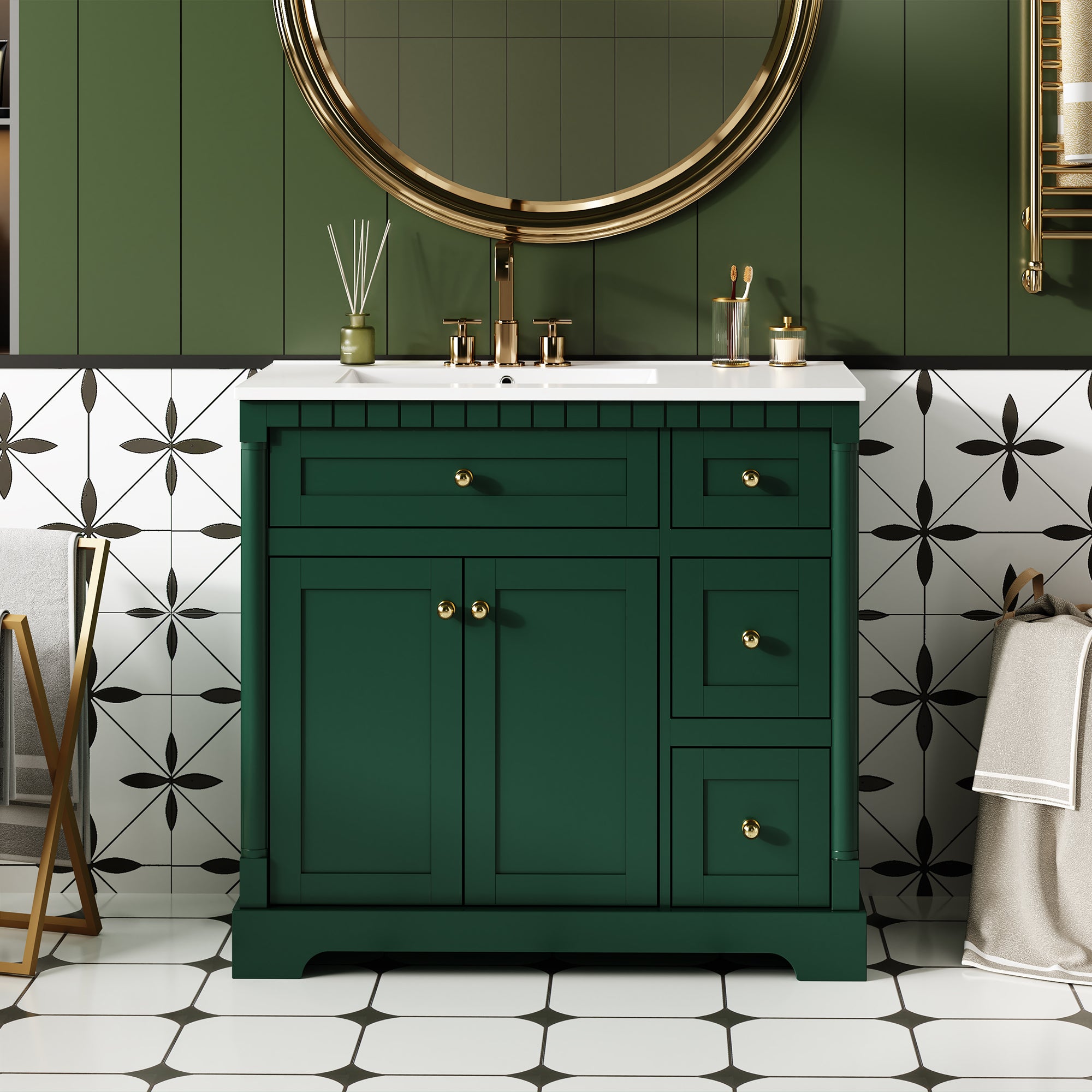 36' Vanity with Top for Bathroom, Modern Bathroom Storage Vanity Includes Adjustable Shelf, Soft Closing Doors, 3 Drawers and Tip Out Drawer