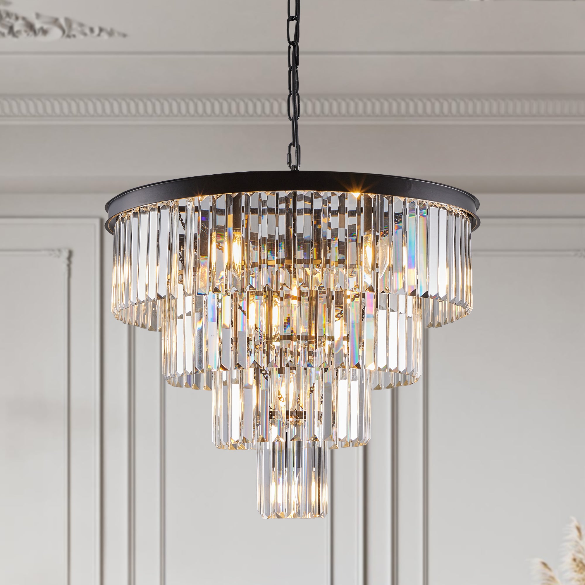 (Same as W1340P188542/L5007-600-B) 24' Contemporary Crystal Modern Chandeliers Crystal Ceiling Chandelier 4 Tier Black Chandelier Lighting for Dining Room Living Room Bedroom (Bulbs Not included)