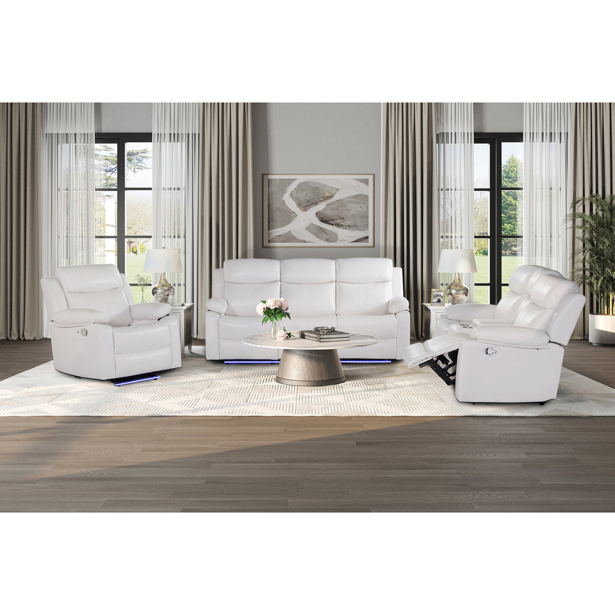 Blanche White 3PC Reclining Sofa and Loveseat and Recliner with LED Lights