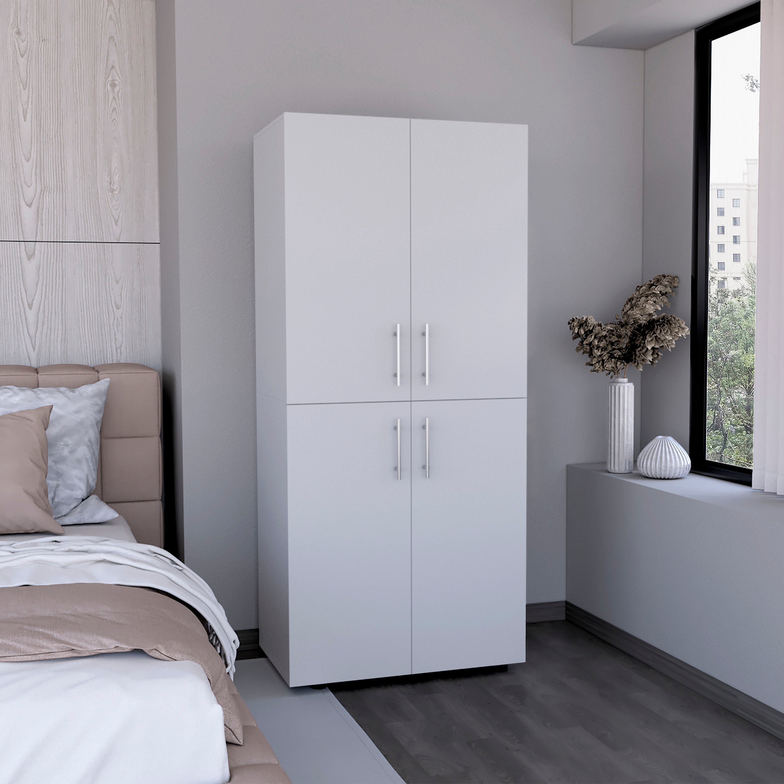 Hazel 70' High Four-Door Armoire Wardrove Closet Cabinet, Six Shelves and Two Hanging Rods, Bedroom Clothes Storage Cabinet Organizer