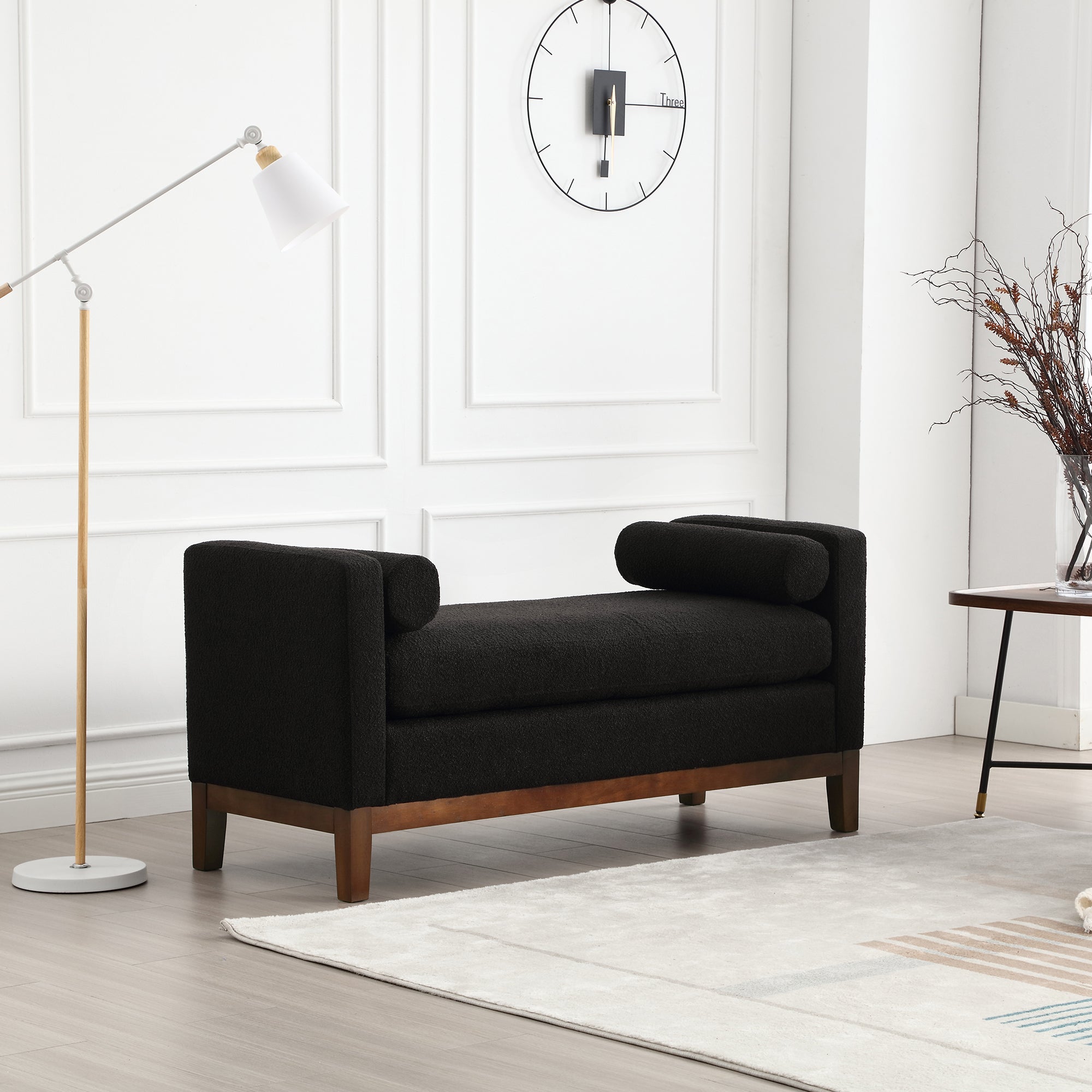 53.5'W Elegant Upholstered Bench, Ottoman with Wood Legs & Bolster Pillows for End of Bed, Bedroom, Living Room, Entryway ,Black
