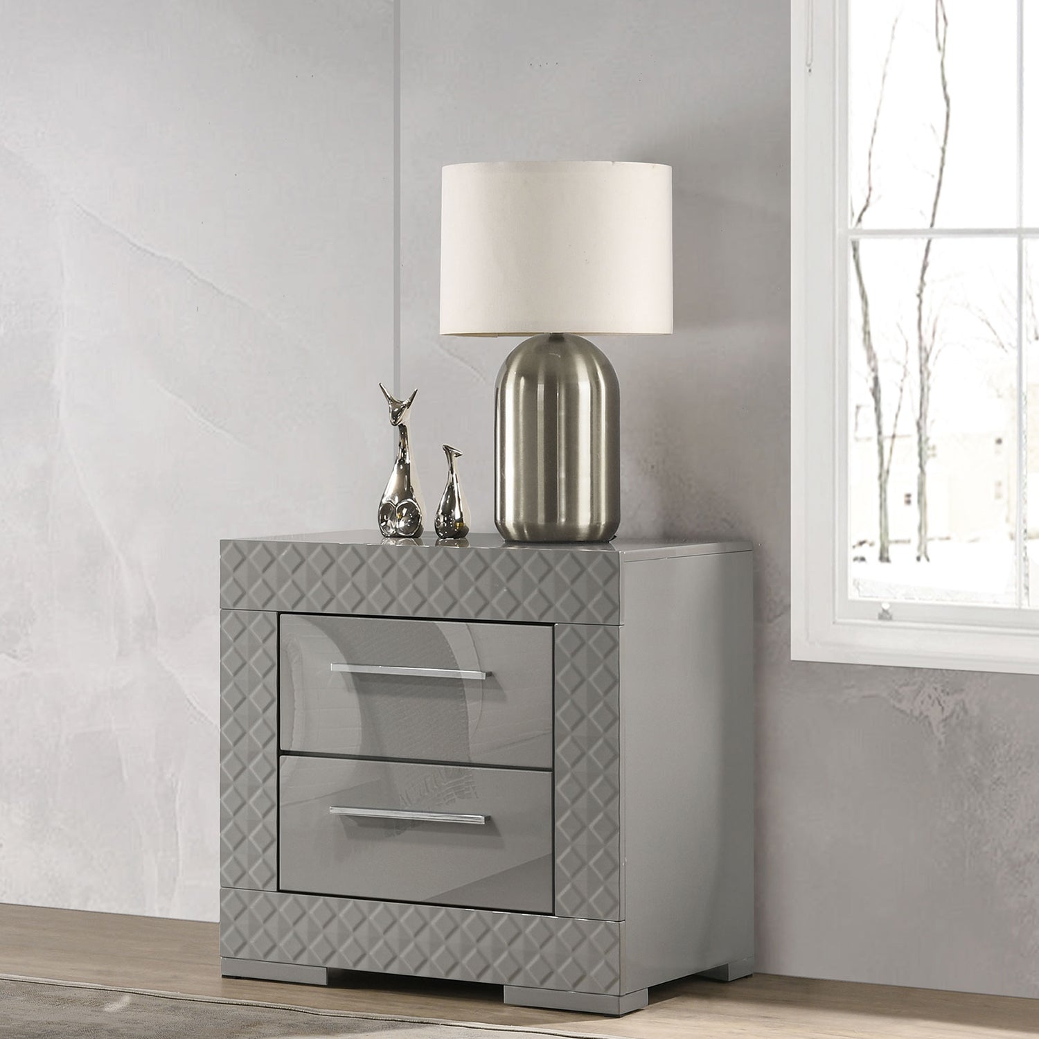 Pierce Grey High Gloss 2-drawer Nightstand Bedside Table