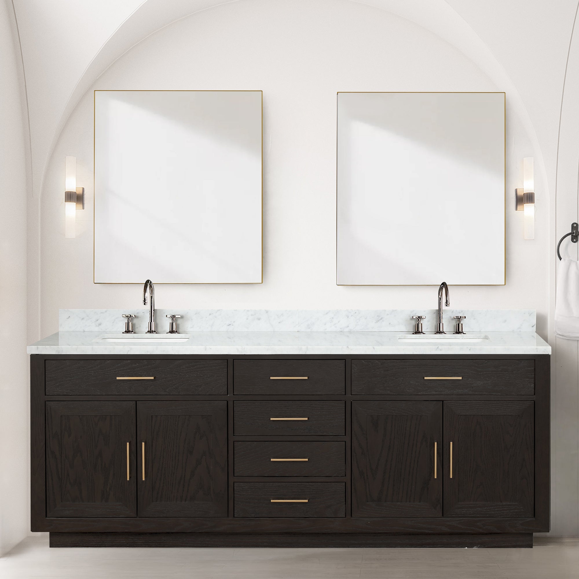 Brown Oak Double Bath Vanity 84 in. W x 22 in. D, with Carrara Marble Top