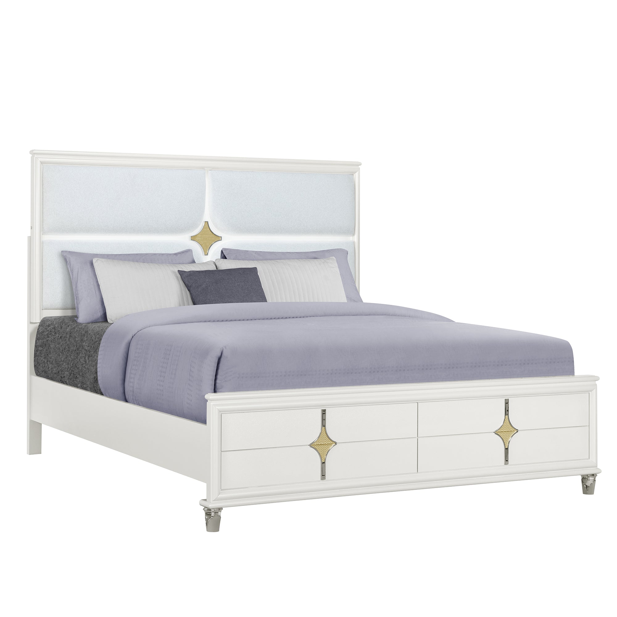 URIUNI Gold 5-Piece King Bedroom Set with Panel Style Headboard and LED Lighting in Solid Wood and MDF