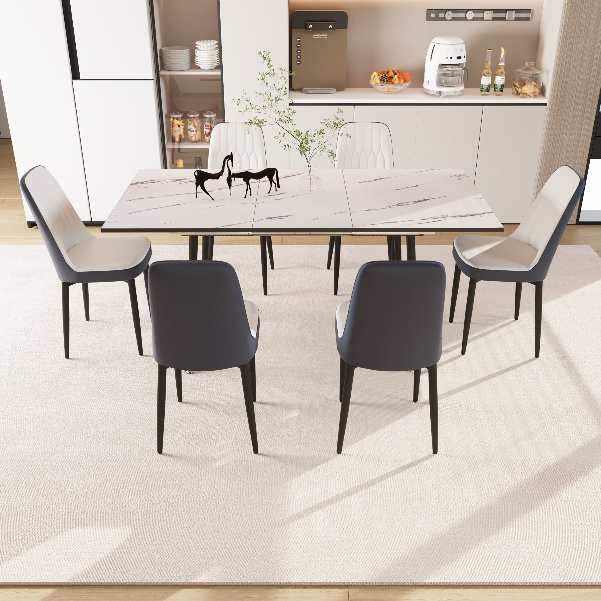 47'-63' expandable dining table set for 2-6 people, equipped with PU fabric thick cushioned dining chair and an elegant and spacious dining table , kitchen table and chair set, with black metal legs