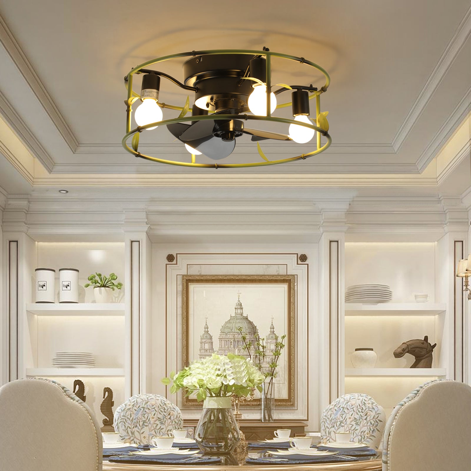 19' Green Industrial Ceiling Fan with Light - Flush Mount Caged Ceiling Fan with Remote, 3-Light Rustic Ceiling Fan, Silent 6-Speed Reversible DC Motor for Bedroom, Living Room (Bulb Not Included)