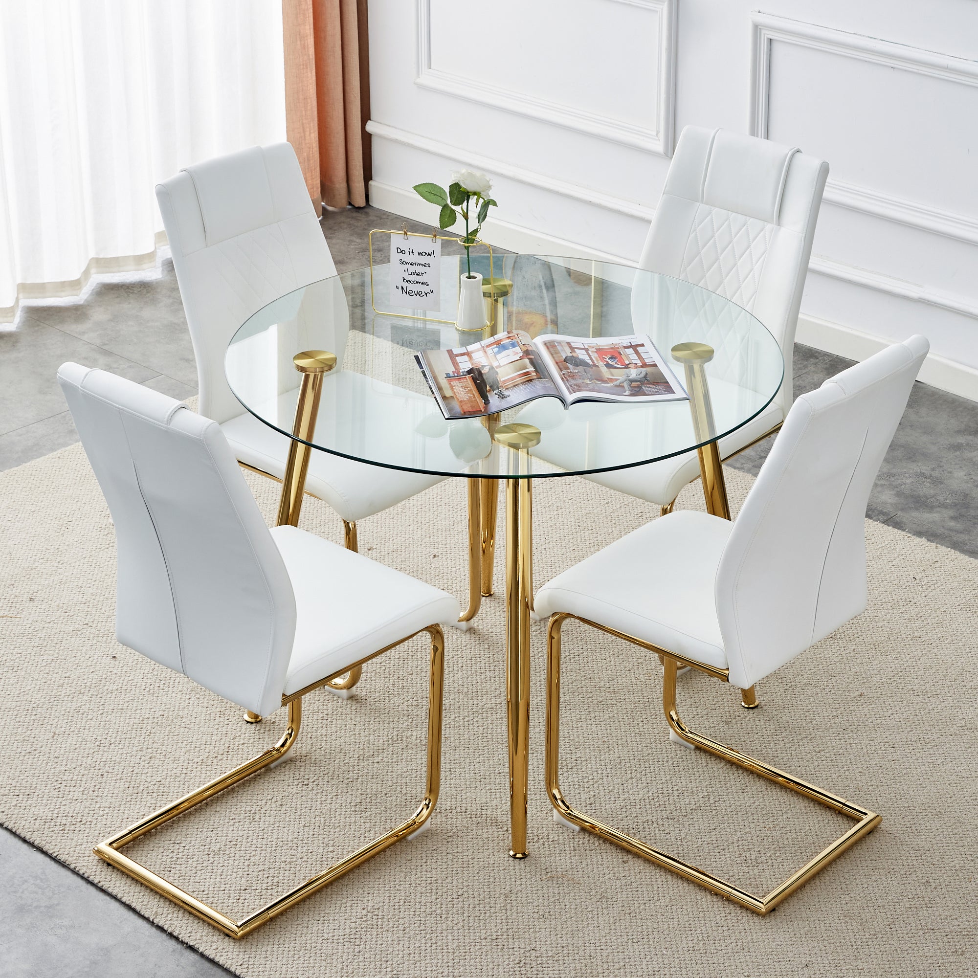 Table and chair set, circular dining table, glass tabletop with a diameter of 40 inches and gold-plated metal legs, paired with 4 white PU cushions and gold-plated metal foot dining chairs. DT-1164