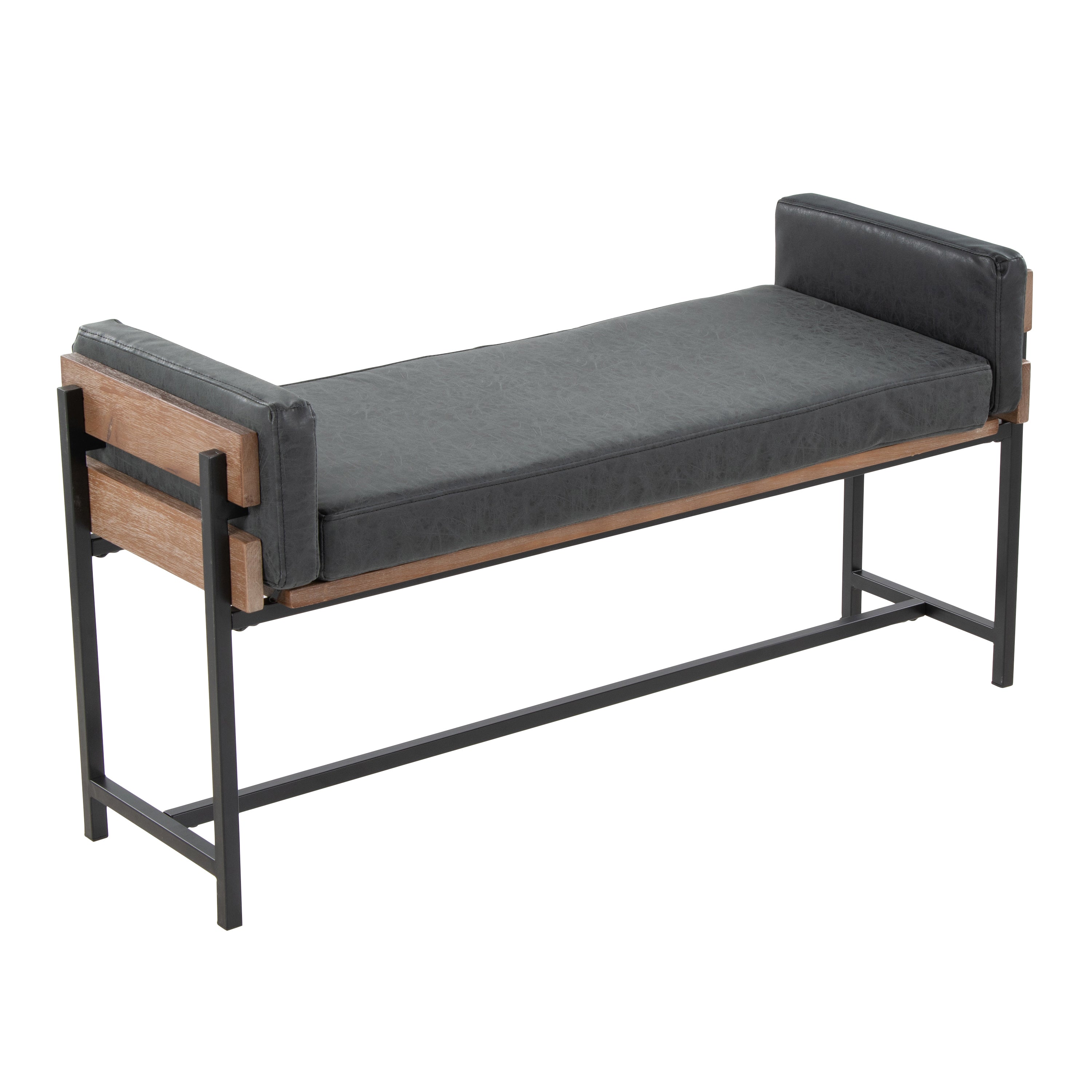 Kari 18' Farmhouse Bench with Black Metal, Brown Wood and Black Faux Leather by LumiSource