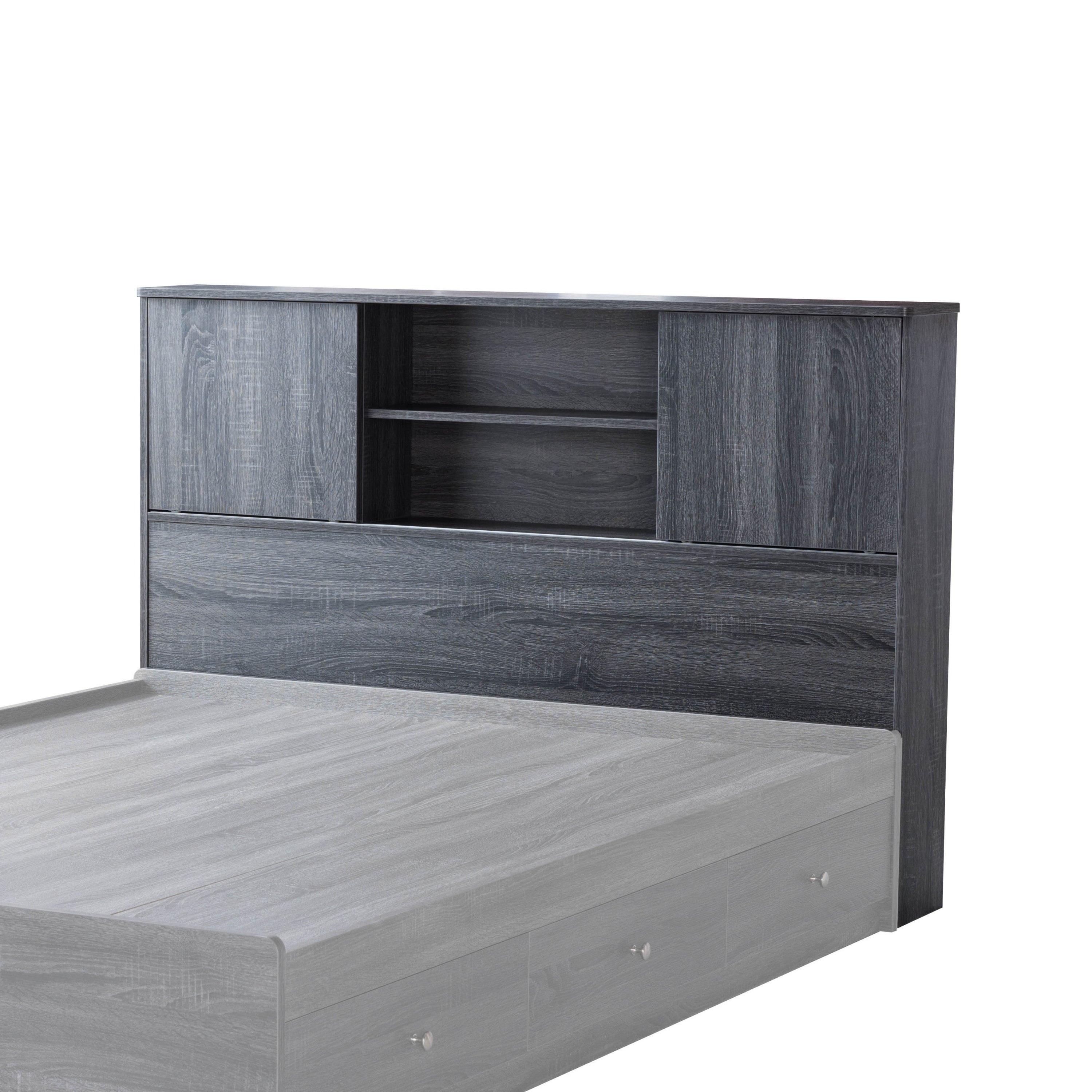 Twin Size Bookcase Headboard Stand Alone Two Sliding Doors Four Shelf Cubbies Spacer and dust panel Grey