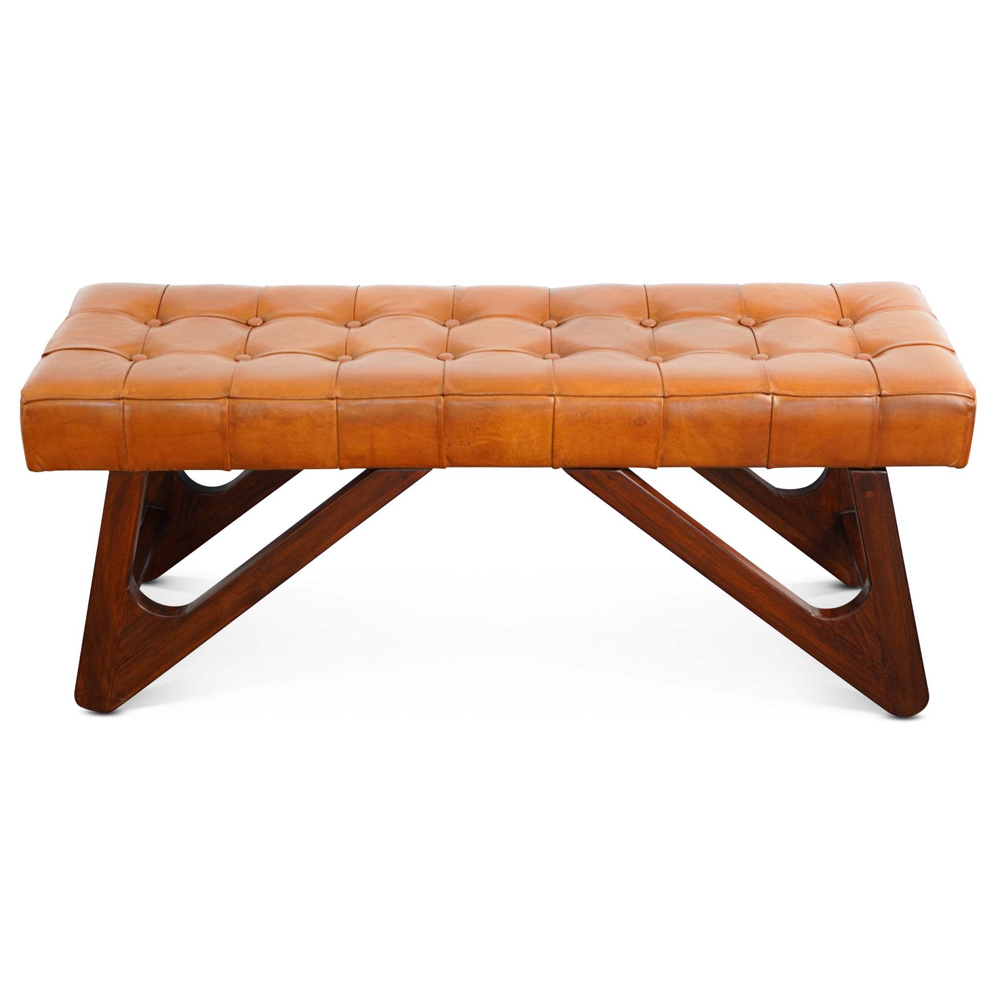 Mia Mid-Century Modern Tan Leather Bench with Buttons and Solid Wood Frame 18.9'H x 47.2'W x 15.7'D