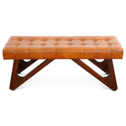 Mia Mid-Century Modern Tan Leather Bench with Buttons and Solid Wood Frame 18.9'H x 47.2'W x 15.7'D
