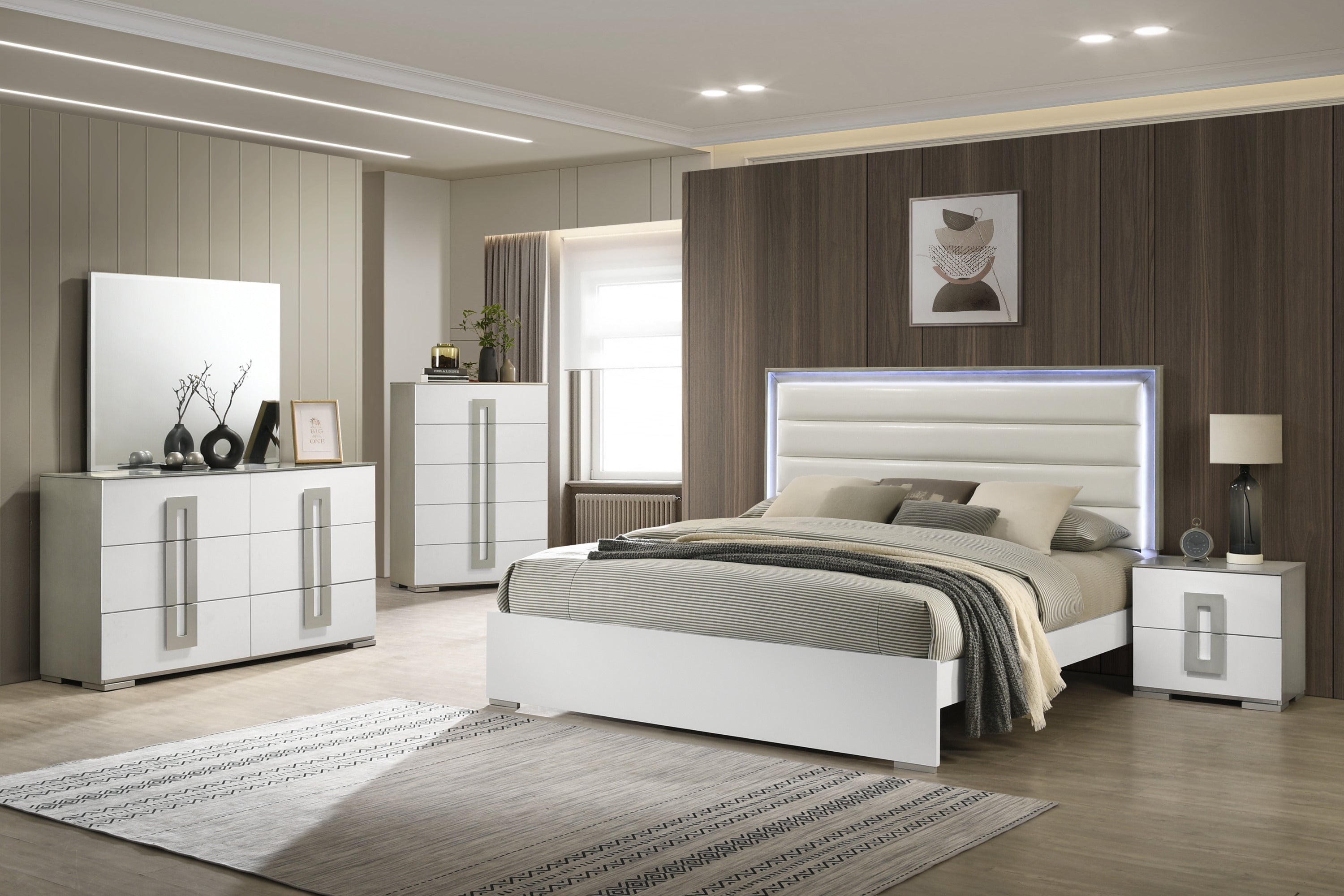 Olivia Contemporary Style 5 Pc Queen Bedroom Set with LED Headboard Made with Wood in White (CA Inventory)