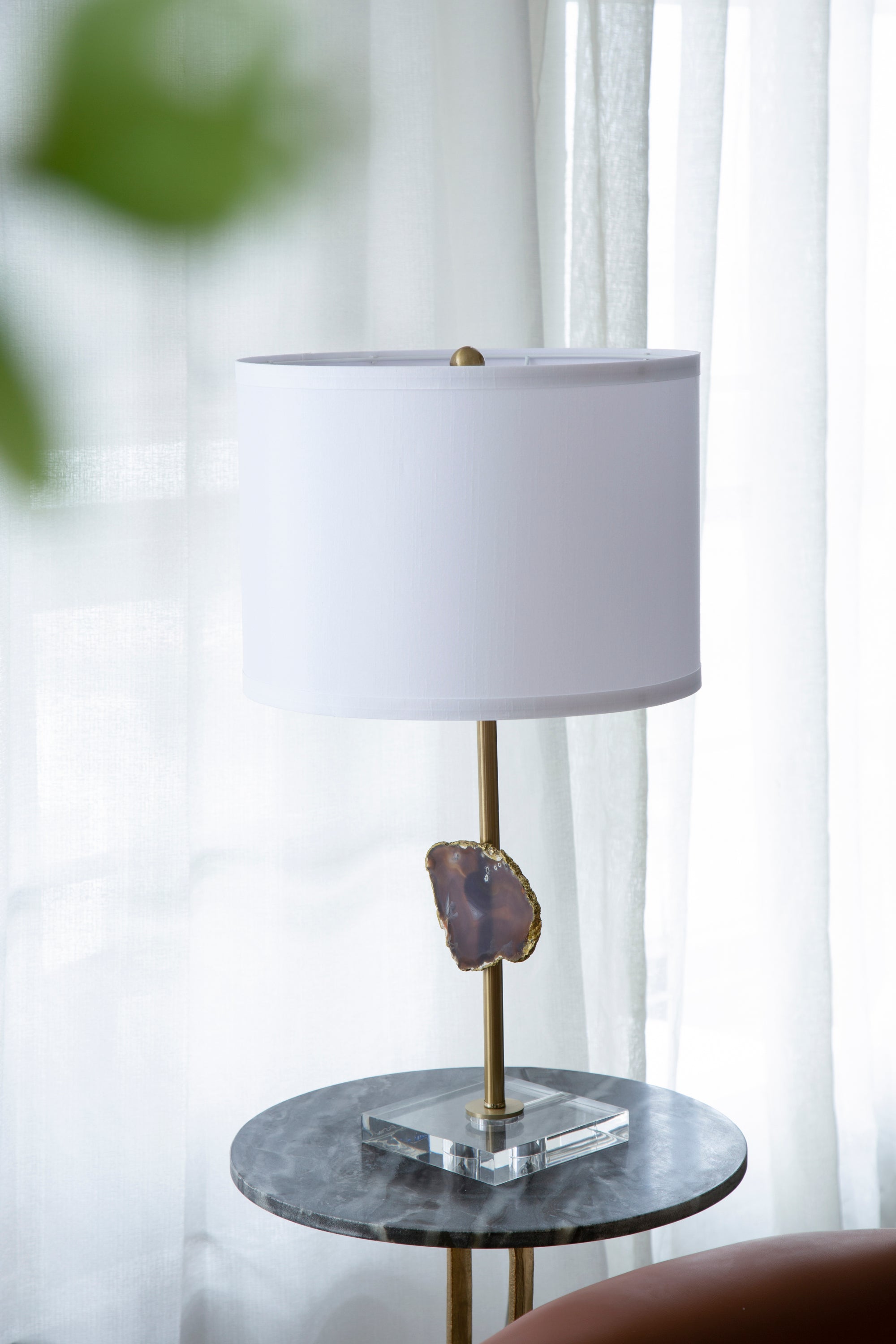 D14x25.2' Gold Table Lamp with Agate Slice and White Drum Shade(Lamp Shade Assembly Required)