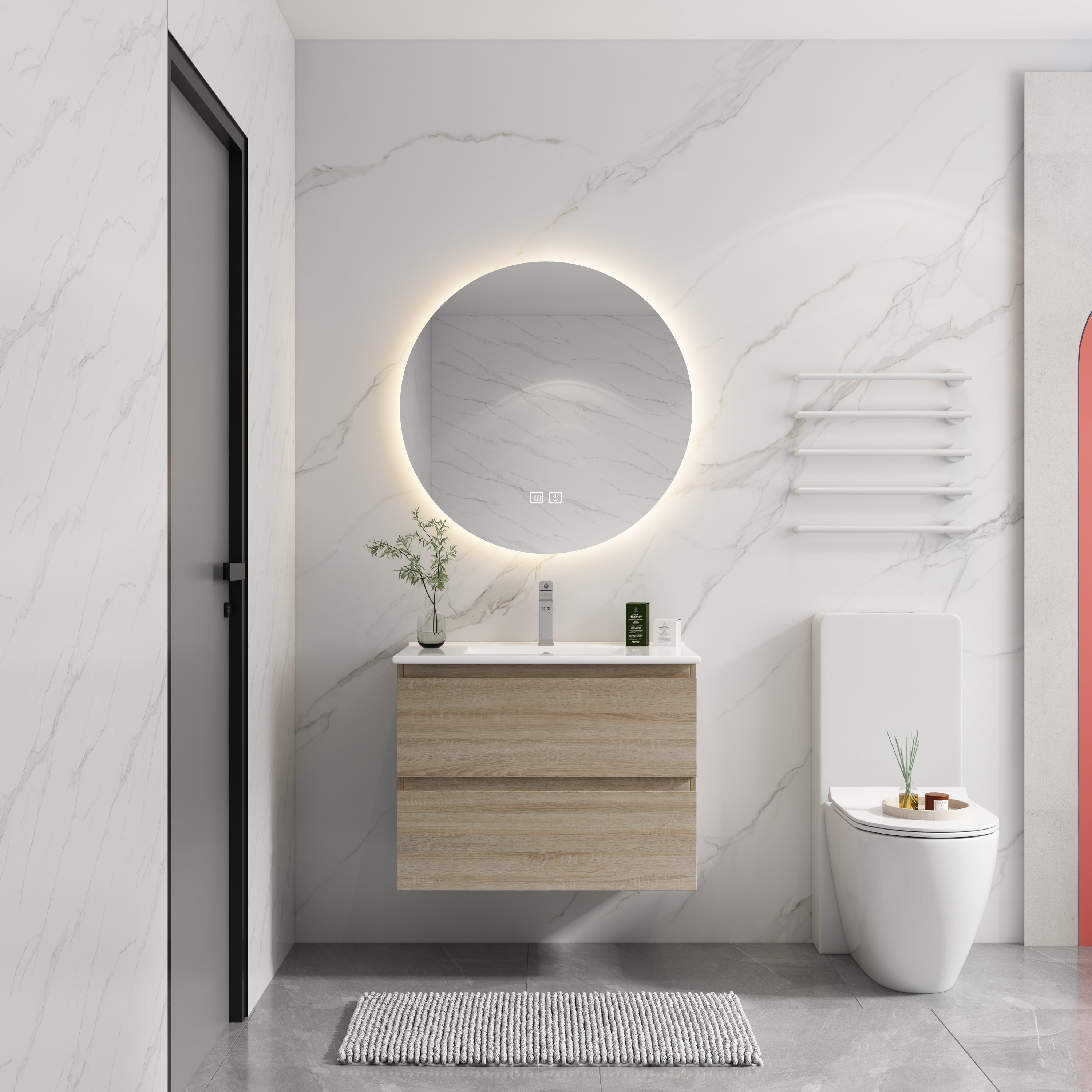 24' Wall-Mounted Bathroom Vanity With Ceramic Sink, 2-Soft Close Drawers, KD-Package