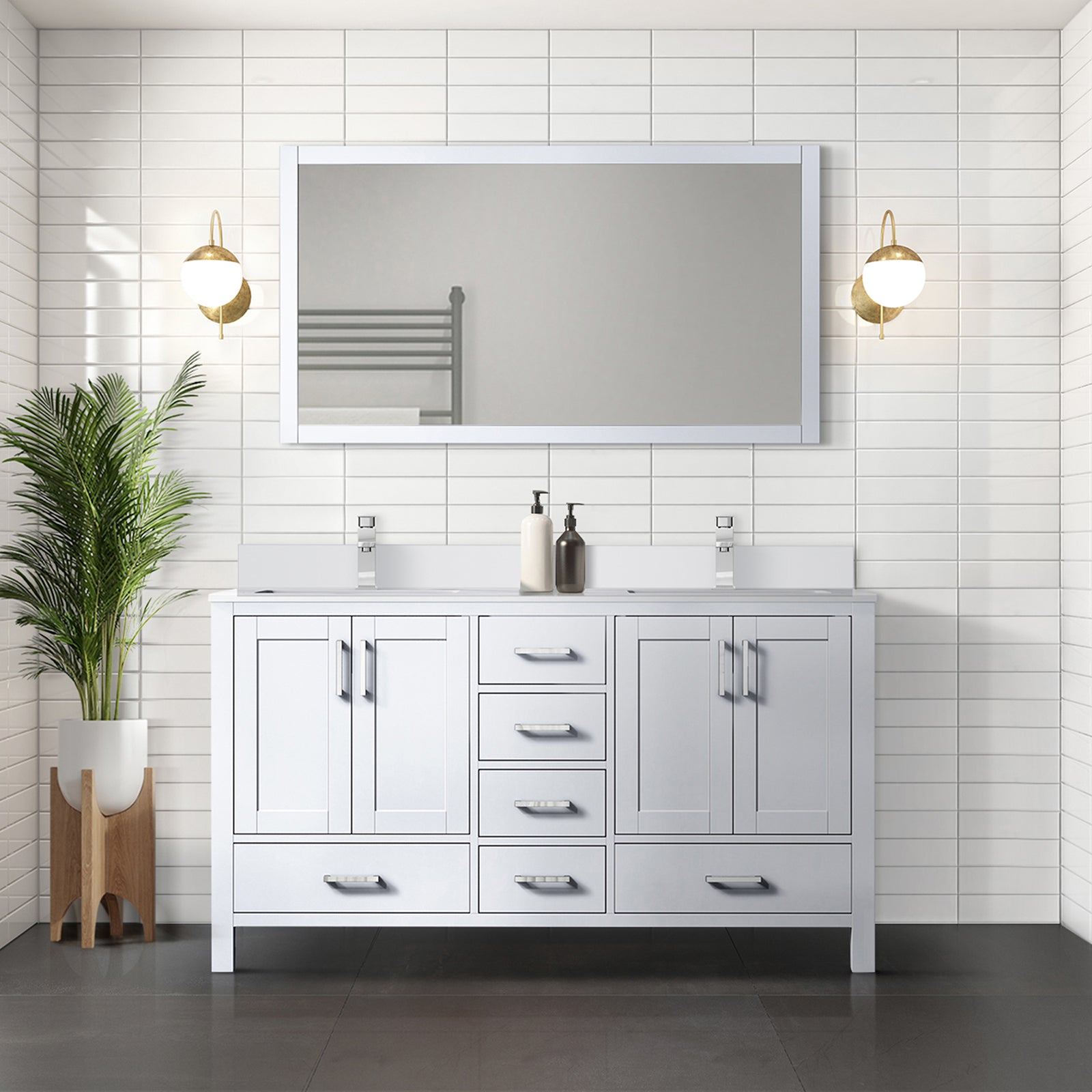 White Double Bath Vanity 60 in. W x 22 in. D, White Quartz Top, and Faucet Set